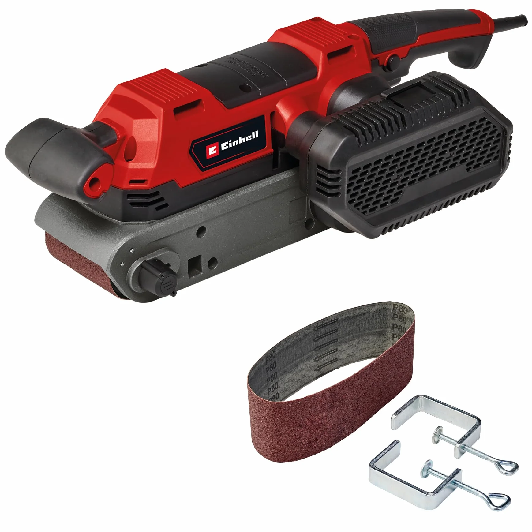 Einhell Szlifierka taśmowa TE-BS 850 E (850 W, prędkość taśmy szlifierskiej 400 m/min, precyzyjna regulacja przebiegu taśmy, odsysanie kurzu, również do zastosowań stacjonarnych, w zestawie akcesoria)
