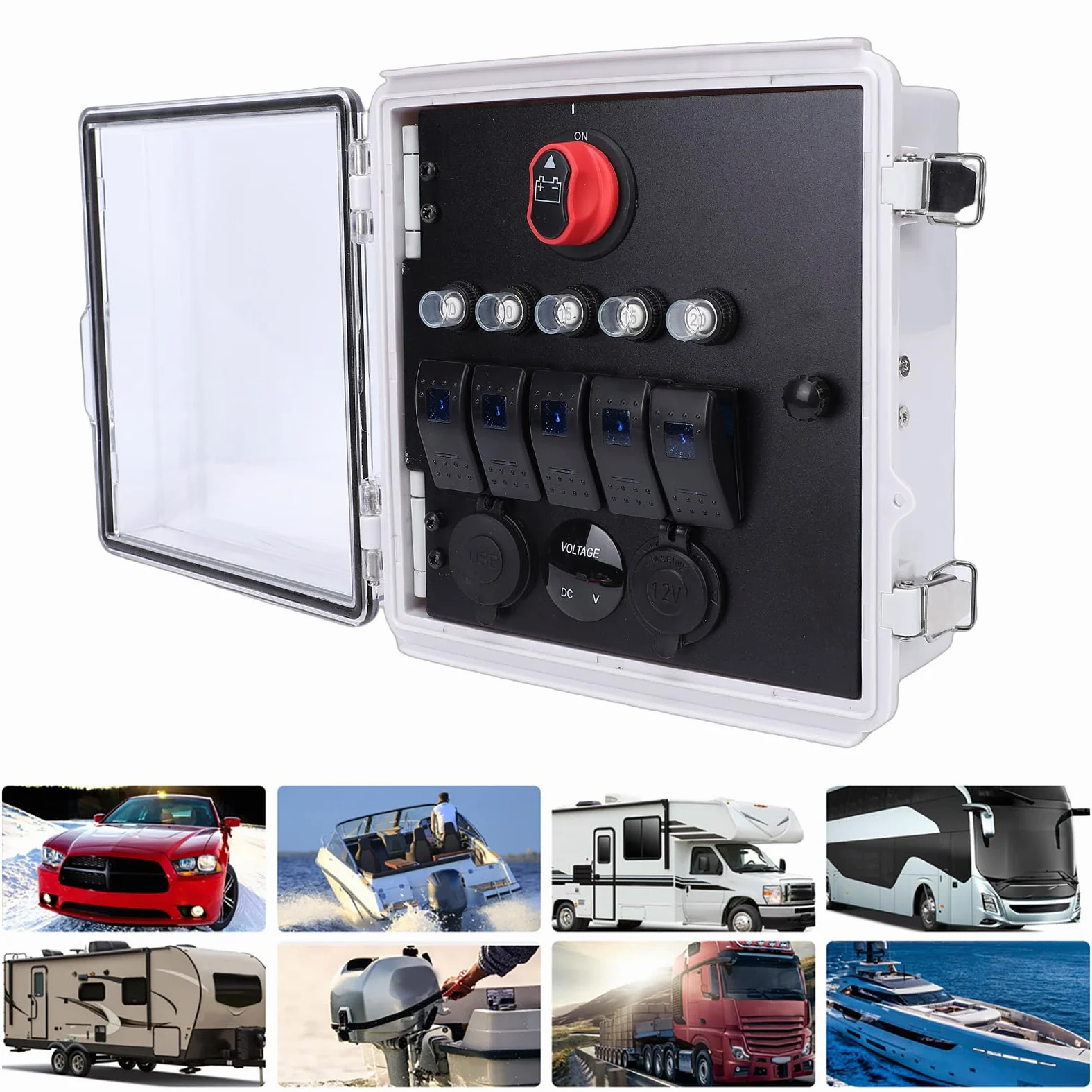 Fockety Skrzynka Przełączników Kołyskowych, IP67 5-krotny Panel Przełączników Morskich z Podwójnymi ładowarkami USB PD Gniazdo Zapalniczki do Samochodów Ciężarowych RV ATV Outdoor