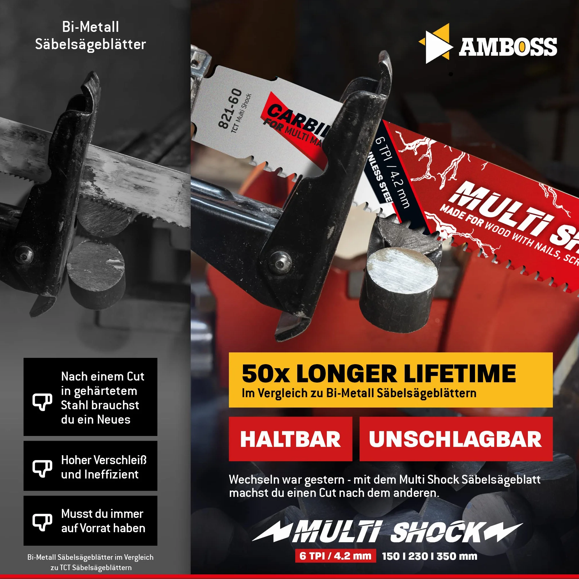 AMBOSS MULTI SHOCK – 10 x brzeszczot do piły szablastej długość 230 mm / 6 ZpZ – idealny do drewna z gwoździami i drewnem ze śrubami oraz stalą – wiele materiałów