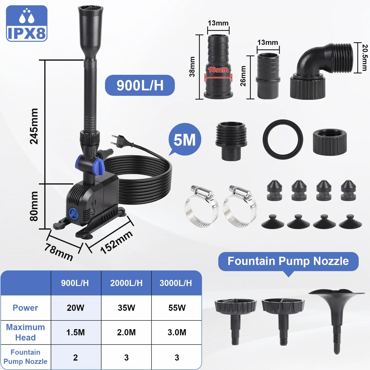 EFUTURETIME Pompa do oczka wodnego 3000 l/h 55 W, skok 3 m, kabel 5 m