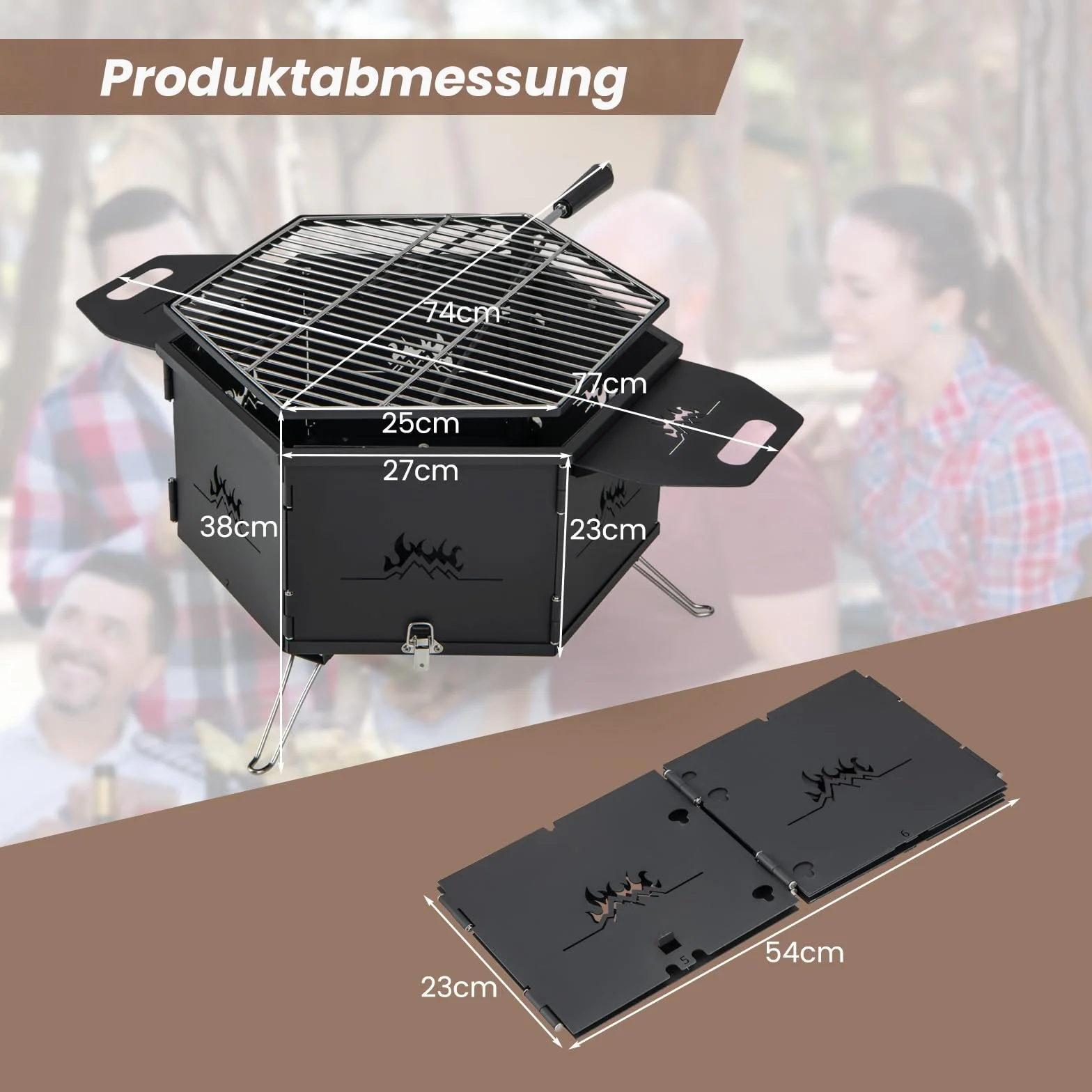 COSTWAY Duży grill na węgiel drzewny, obracany 360°, palenisko 2 w 1, składany, kempingowy, 77x74x38 cm