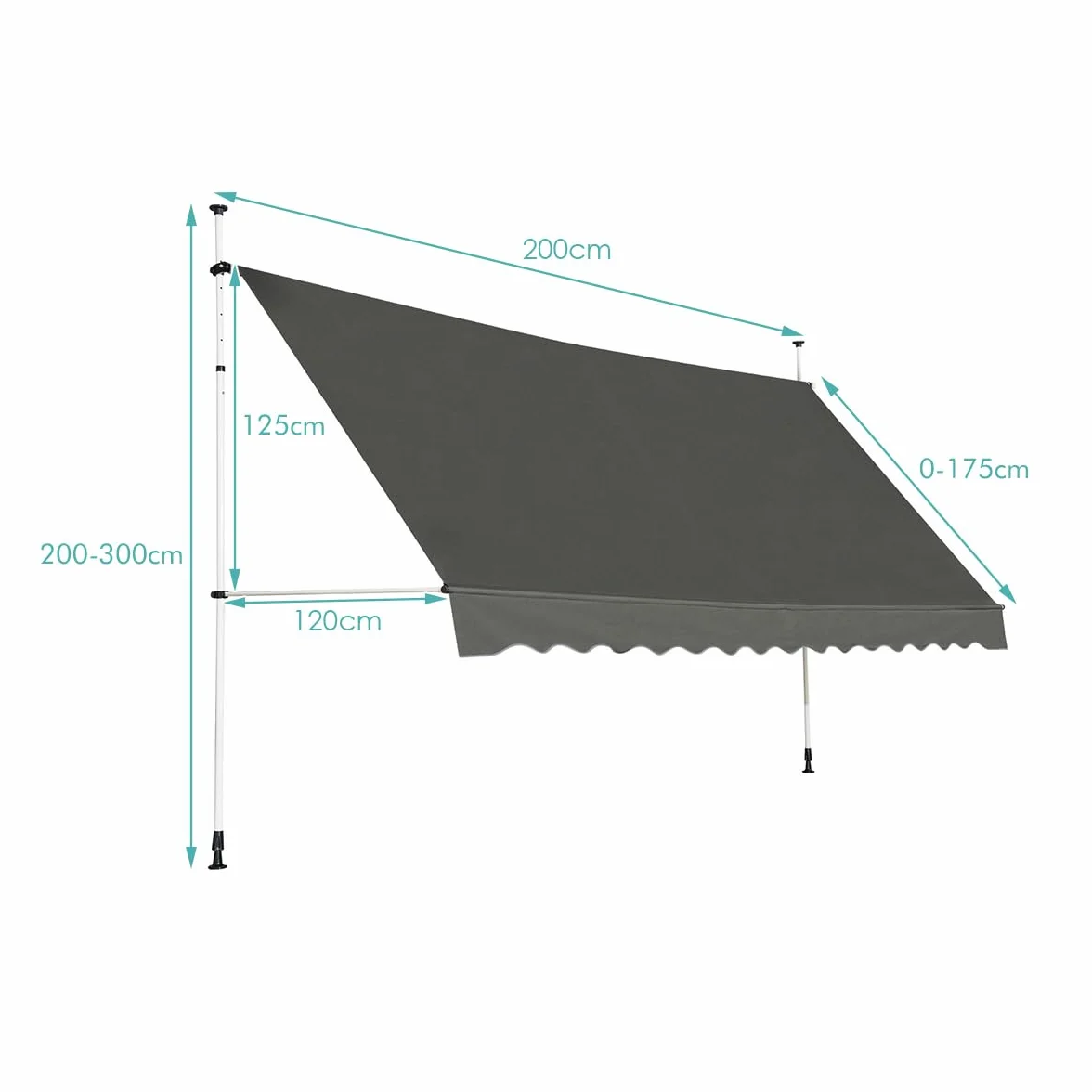 COSTWAY Markiza balkonowa 200 cm, odporna na UV, wodoodporna, z regulacją wysokości, szara
