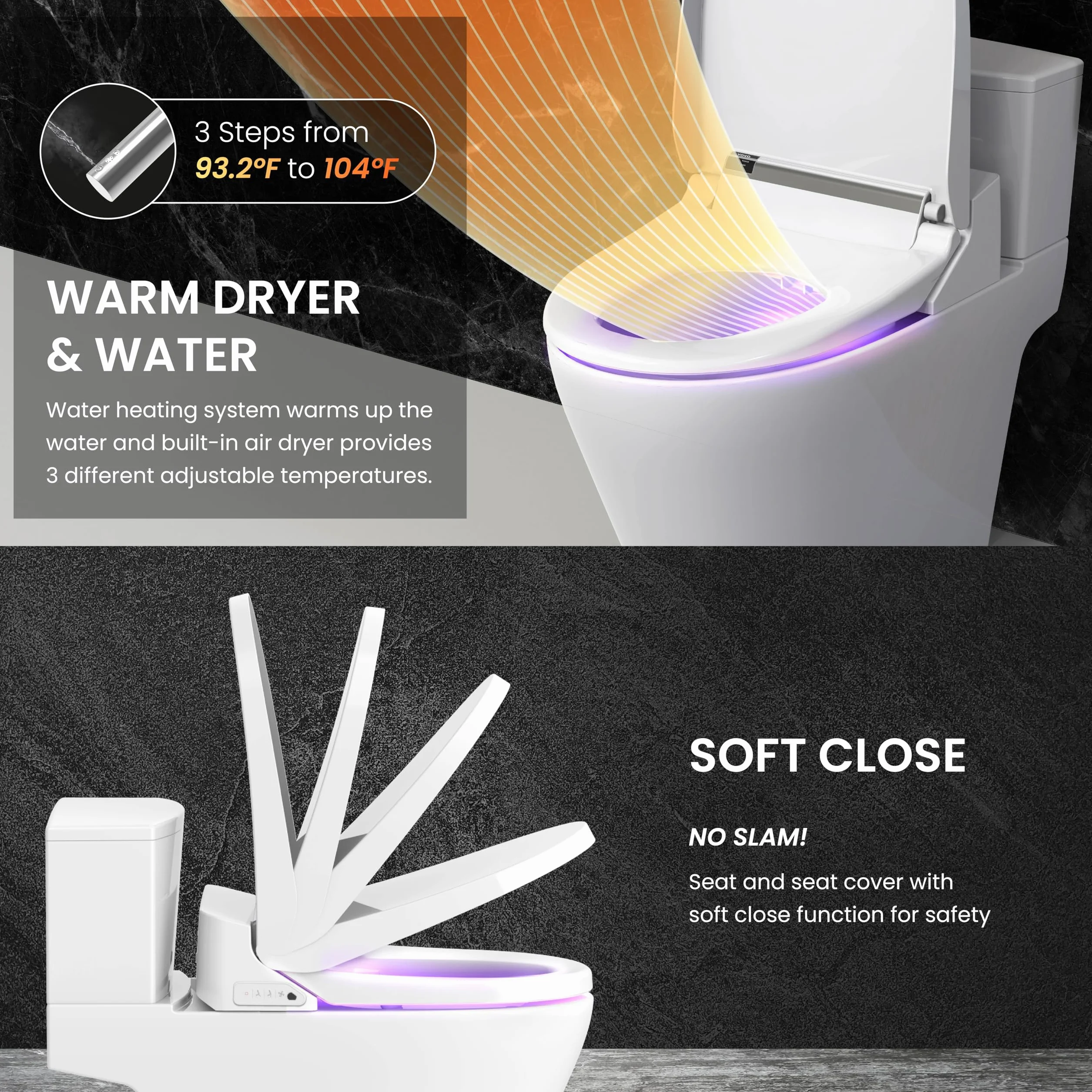 VOVO STYLEMENT VB-4000SE Electronic Smart Bidet Toilet Seat, Easy Install, Heated Seat,Warm Dry and Water, LED, Deodorization, Eco Power Save,Self Cleaning Full Stainless Nozzle, Elongated, Made in Korea