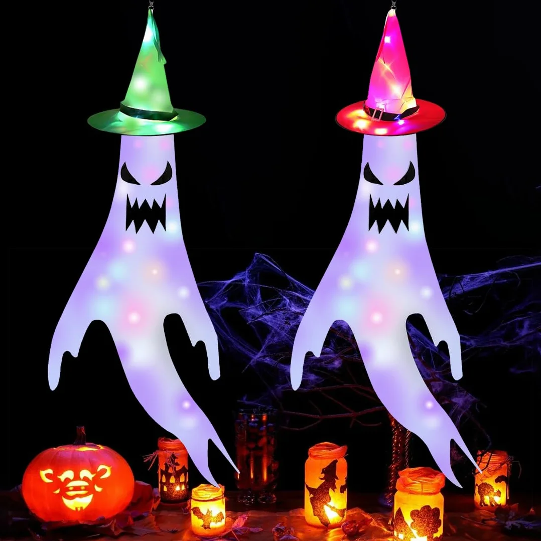 Dekoracje Halloween - Duch z Diodami LED, Wiszące Ozdoby na Zewnątrz, Impreza, Ogród, Patio, Trawnik (Czerwony+Zielony)