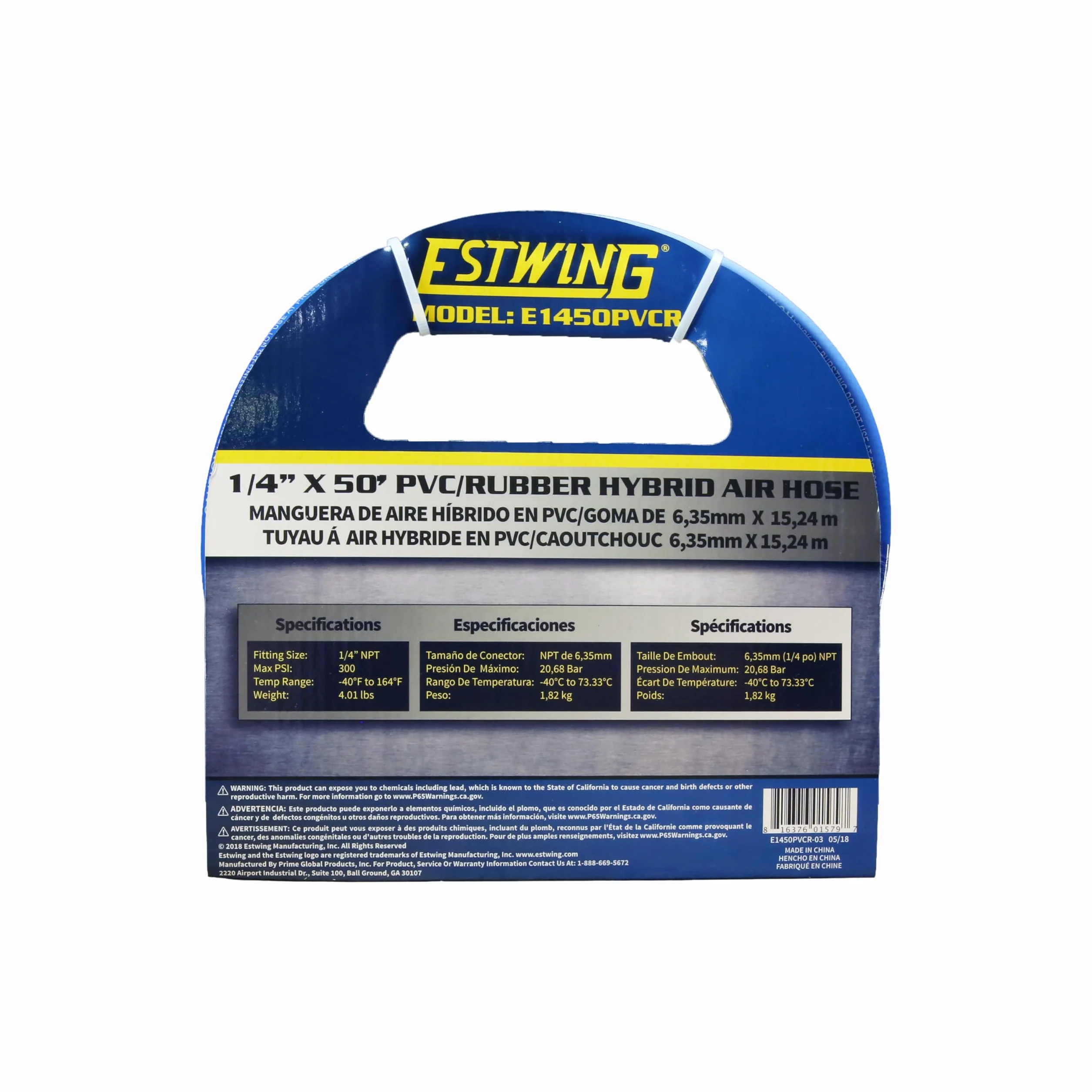 Estwing E1450PVCR 6,35 mm x 15,25 m, PCW/gumowy hybrydowy wąż powietrzny z mosiądzu ze złączką przemysłową 6,35 mm NPT i uniwersalną szybkozłączką