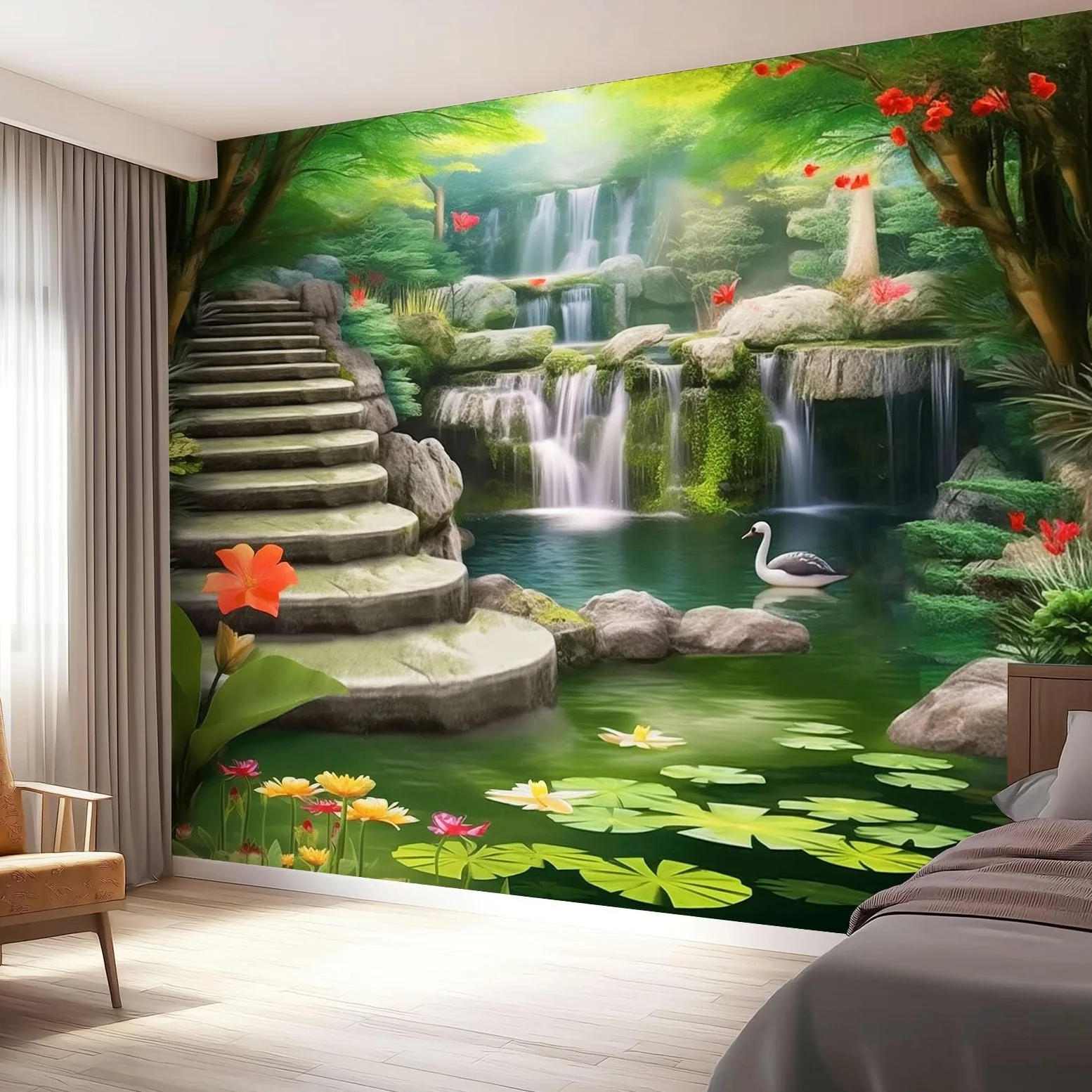 Tapeta 3D włóknina naturalna wodospad 3D 350 x 256 cm tapeta dekoracja ścienna do salonu sypialnia zielona