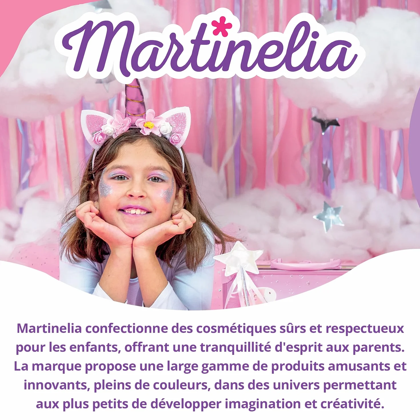 Martinelia Perfumowana mgiełka z brokatem, 100 ml, perfumy dla dzieci i dziewczynek, słodka mgiełka dla skóry perfumowanej, piękna fioletowa butelka z rozpylaczem z tiulem