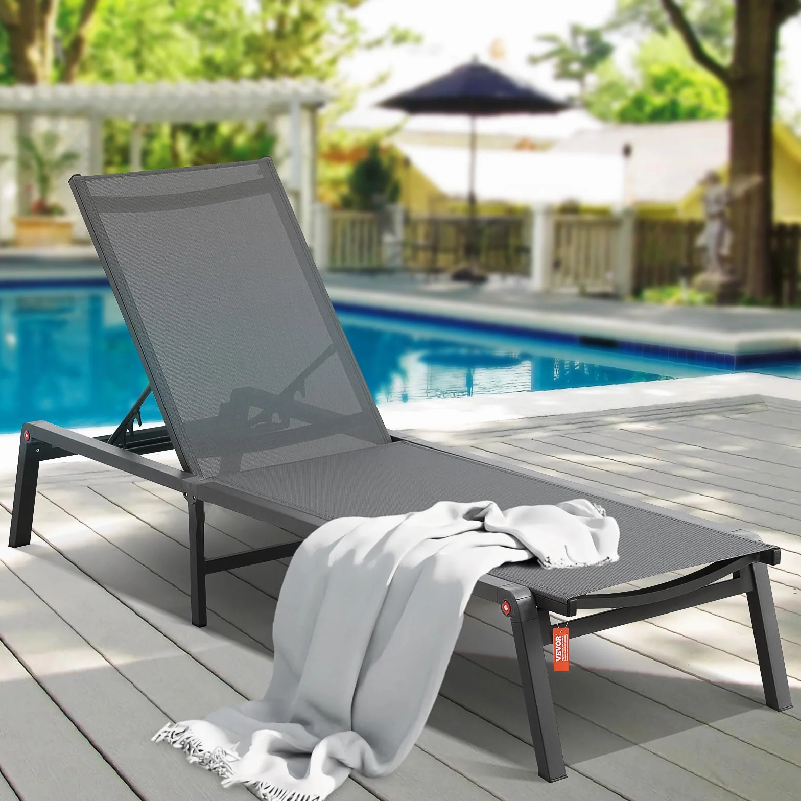 VEVOR Aluminiowe leżaki zewnętrzne, składane krzesła ogrodowe z 5 regulowanymi pozycjami, leżakami do basenu lub płaskiego opalania, na patio, plażę, basen, szare krzesła