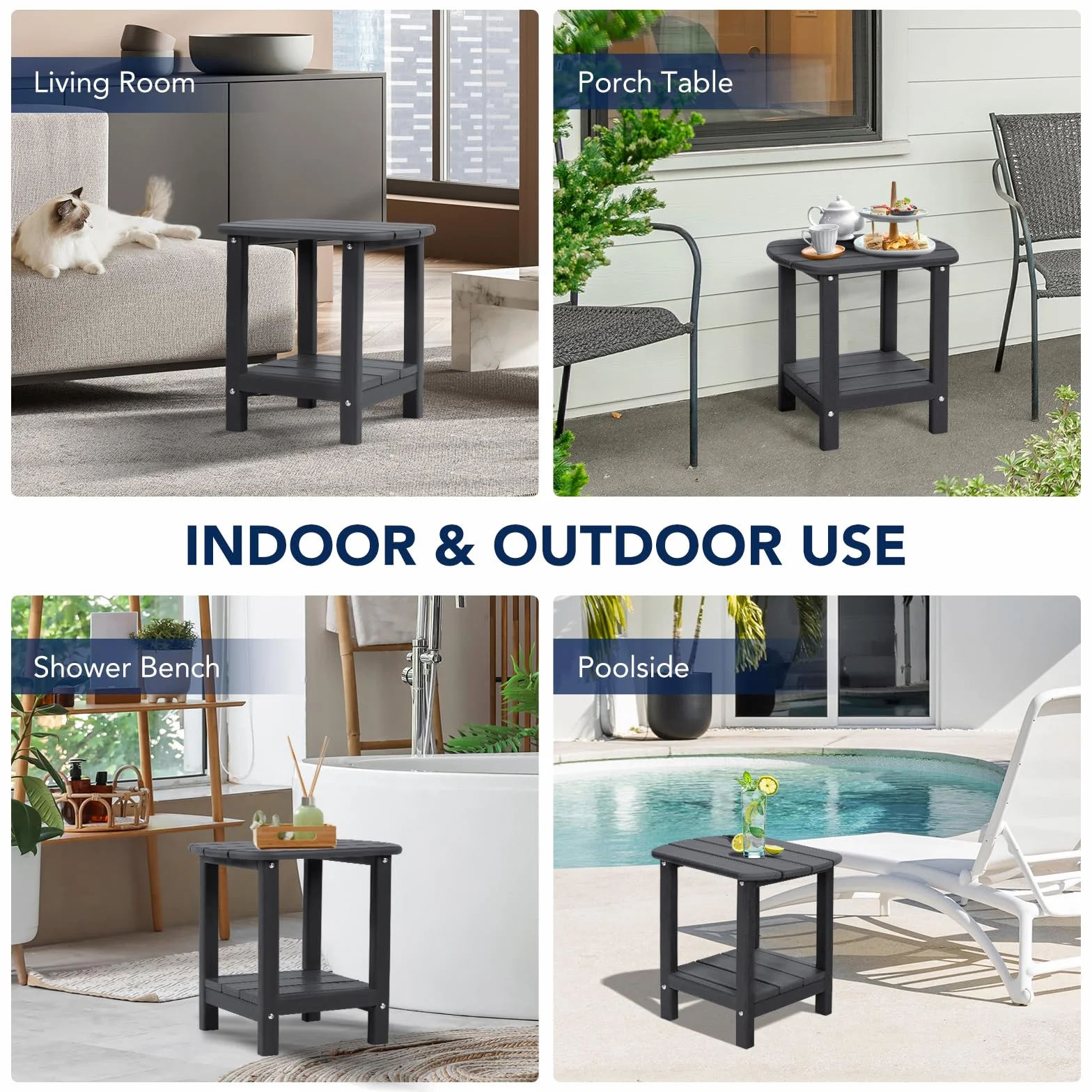 Nalone Adirondack Stolik pomocniczy 16,5" na zewnątrz z tworzywa sztucznego HDPE, podwójny stolik pomocniczy Adirondack mały stolik na patio (czarny)