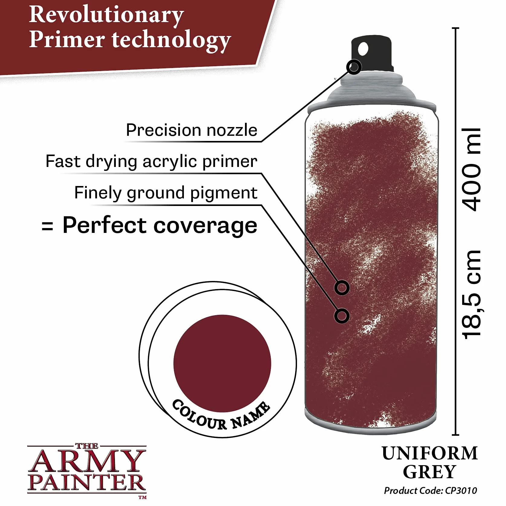 The Army Painter Colour Primer Uniform Grey, 400 mL akrylowy spray podkładowy, farba w sprayu do grundowania figurek, modelowania figurek do gier fabularnych, planszowych i bitewnych