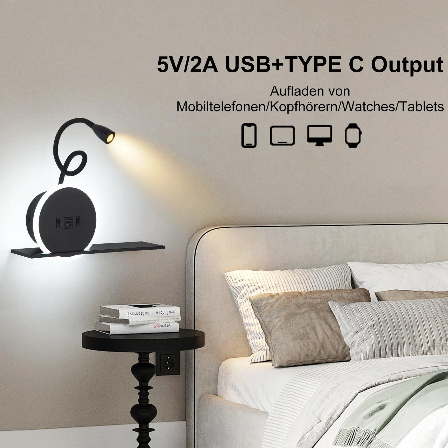 SANSHI Lampa do czytania na ścianie LED z przełącznikiem, lampka do łóżka z USB + złącze ładowania typu C