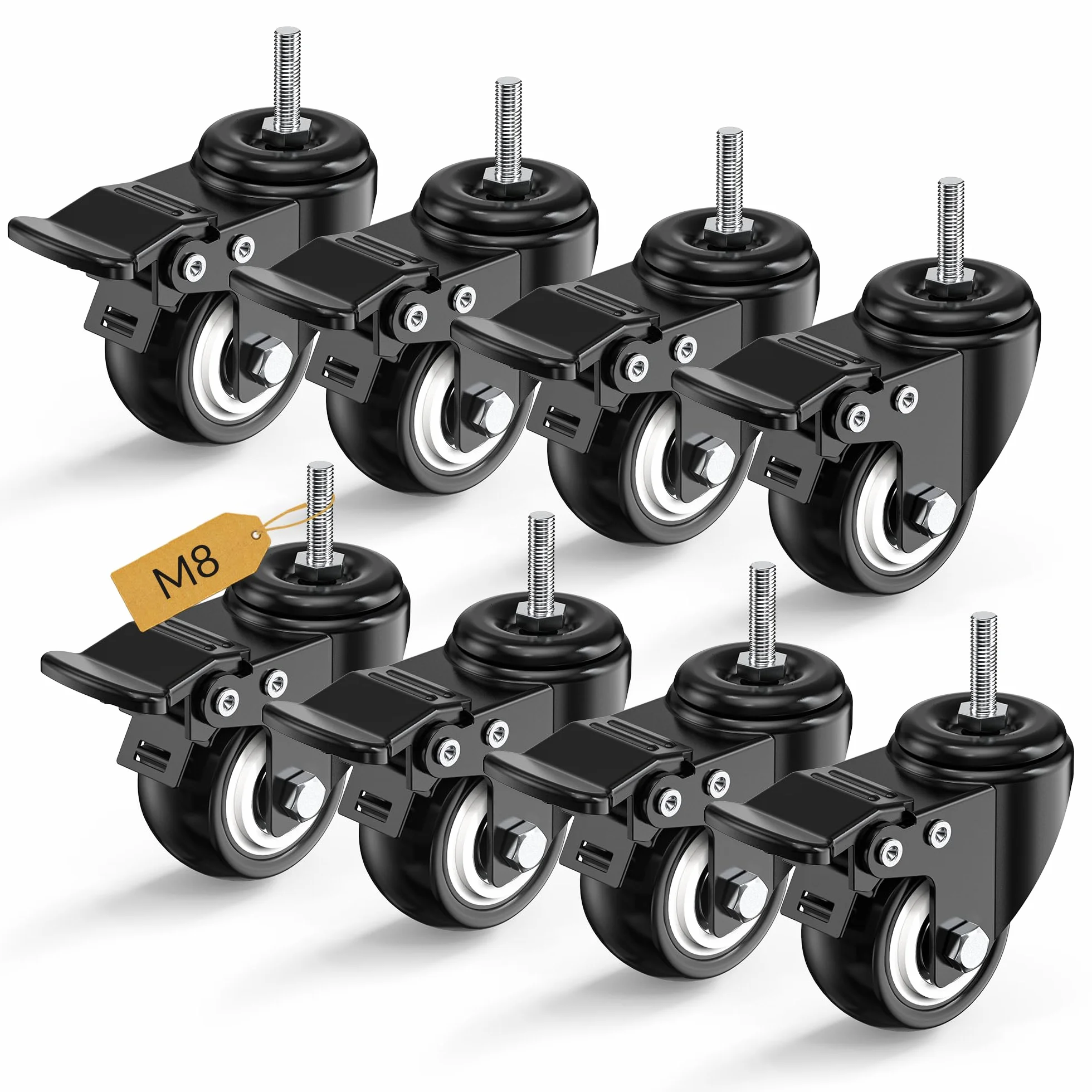 HOLKIE Kółka skrętne 50 mm, kółka meblowe z całkowitym blokowaniem, rolki transportowe, M8 x 1,25 x 25 mm (średnica trzpienia 8 mm, długość trzpienia 25 mm), kółka do mebli, zestaw 8 kółek do dużych