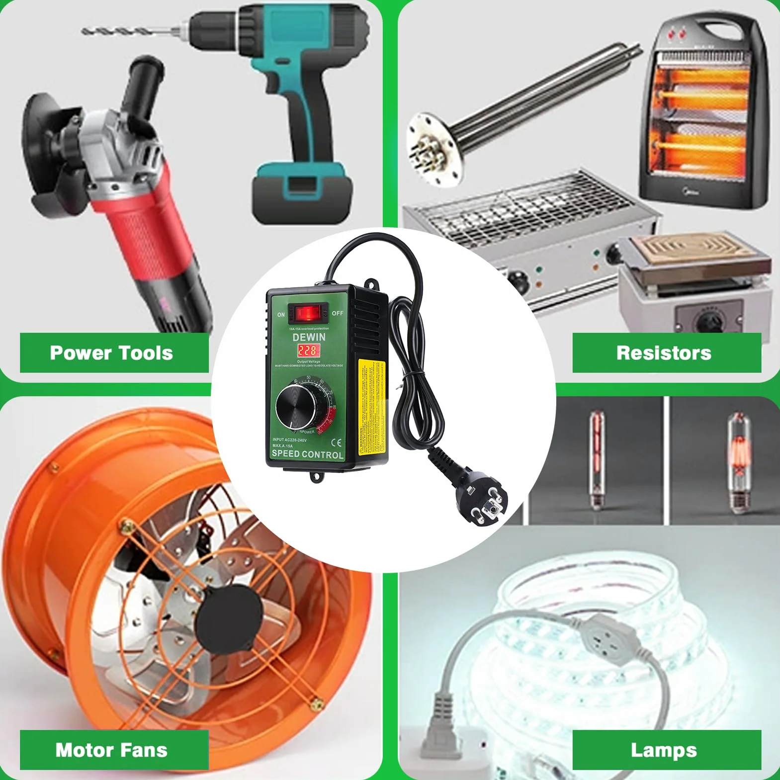 DEWIN Regulator prędkości obrotowej 230 V 15 A bezstopniowy sterowanie wentylatorem ochroną przed przeciążeniem
