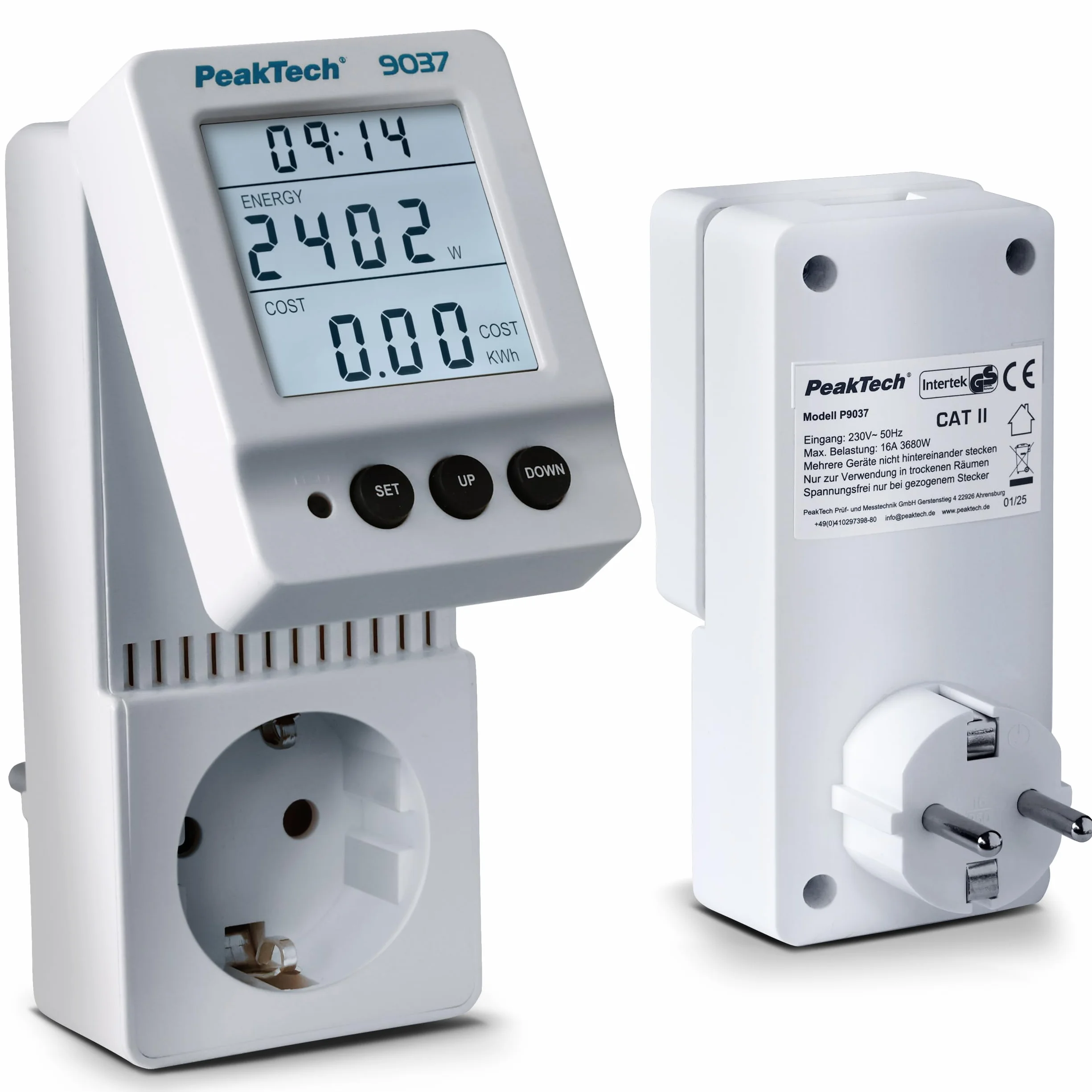 PeakTech 9037 miernik kosztów energii, miernik prądu, rozdzielczość 0,1 W, z obrotowym wyświetlaczem i współczynnikiem mocy