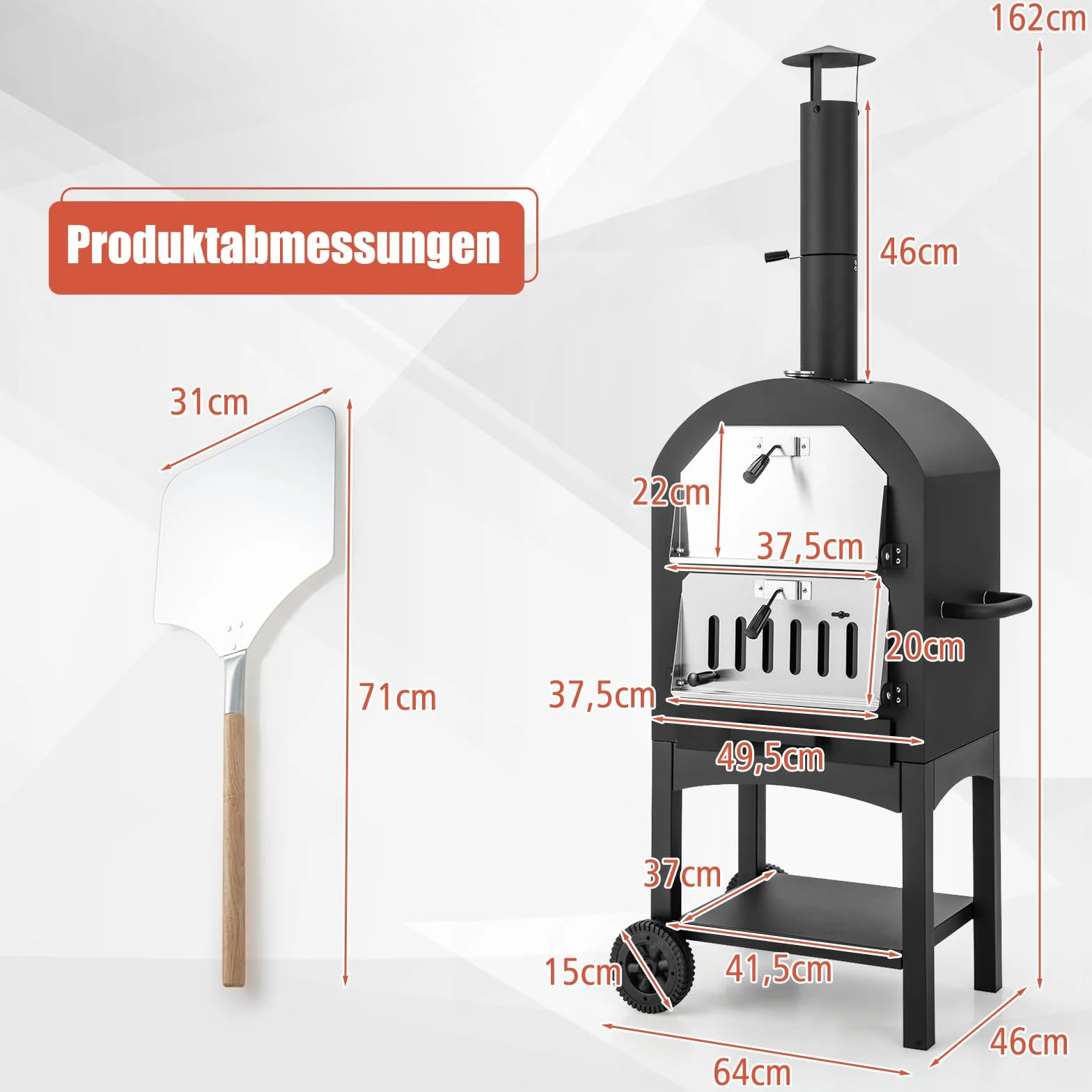 COSTWAY Piec do pizzy opalany drewnem z termometrem i kółkami na zewnątrz