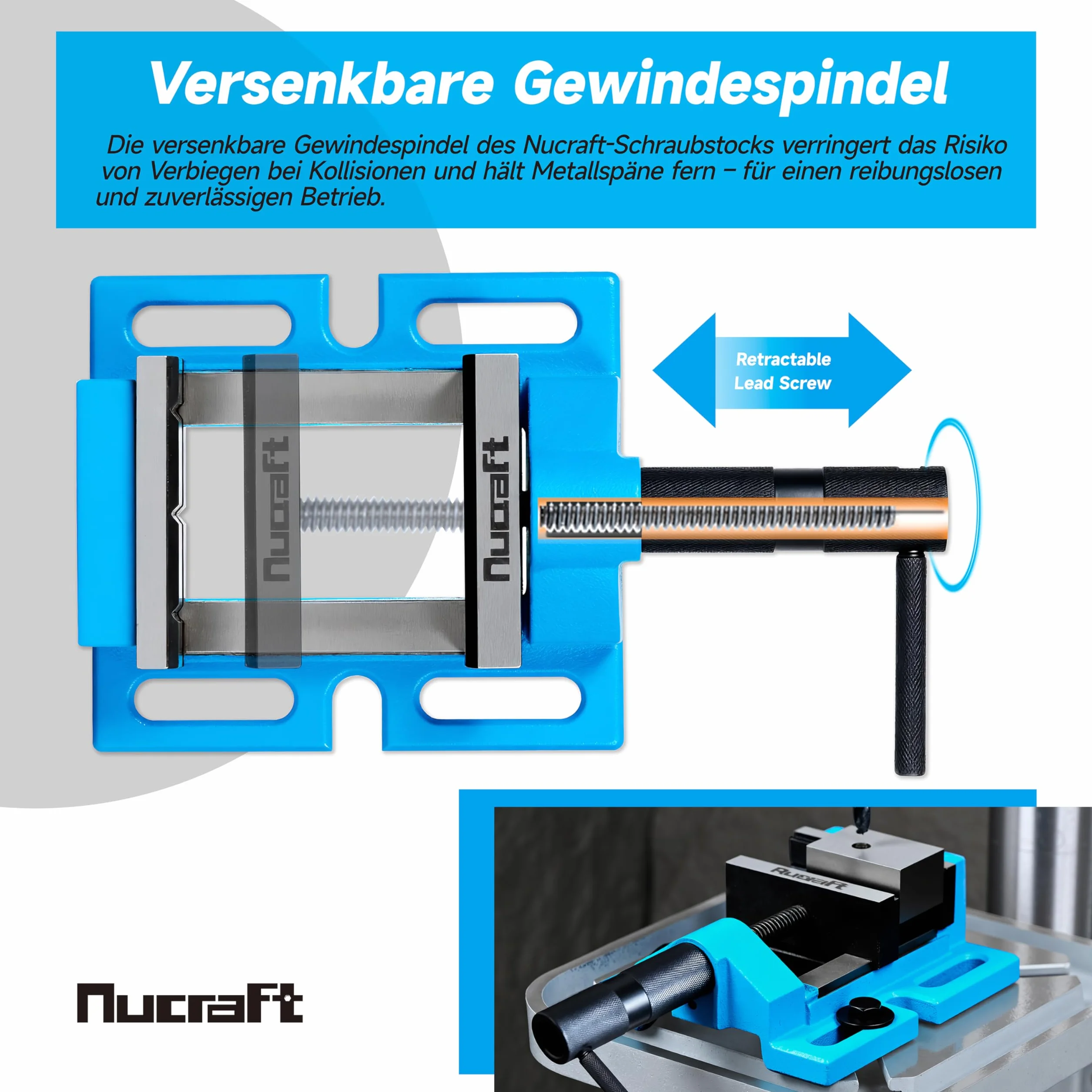 Nucraft Imadło do wiertarki Process cyjan o szerokości szczęk 100 mm, w kolorze błękitnym i z funkcją regulacji, maksymalna szerokość otwarcia wynosi 85 mm