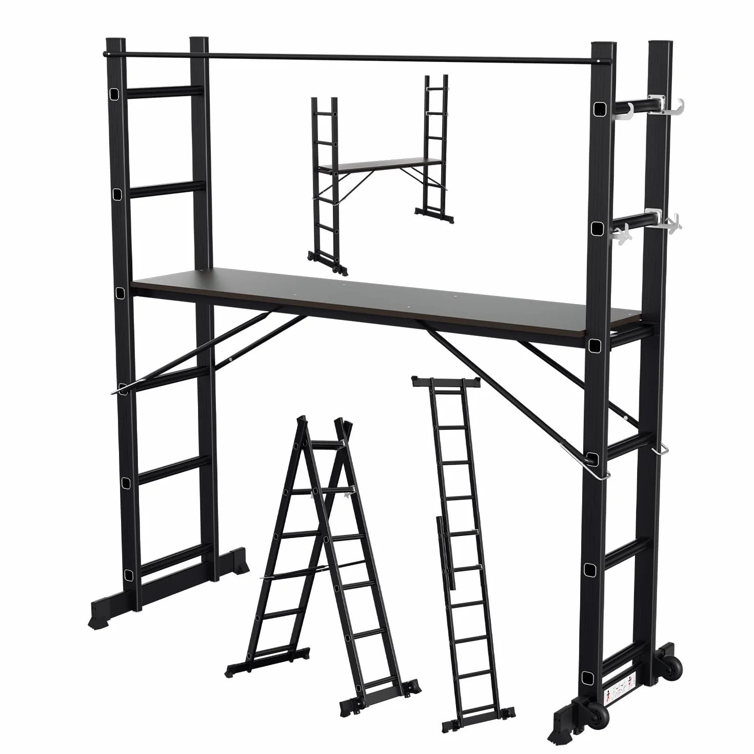 Gimisgu Rusztowanie, aluminiowa drabina wielofunkcyjna 4 w 1, 6 + 6 stopni, mobilna drabina wielofunkcyjna z platformą i 2 kółkami, rusztowanie robocze, platforma robocza, obciążenie do maks. 150 kg,