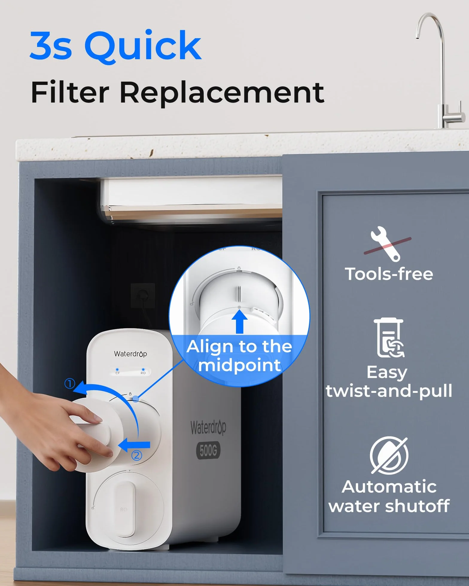 Filtr Waterdrop WD-G5P500A-CF, zamiana dla systemu odwróconej osmozy podzlewowego WD-G5P500A, 6-miesięczna żywotność