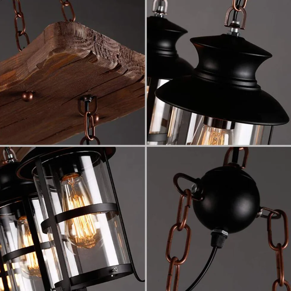 Lampa wisząca w stylu vintage, żyrandol z drewna, metalu, E27, rustykalna, liniowa, lampa sufitowa do salonu, jadalni, restauracji, kawiarni, hotelu, przedpokoju, piwnicy, piwnicy