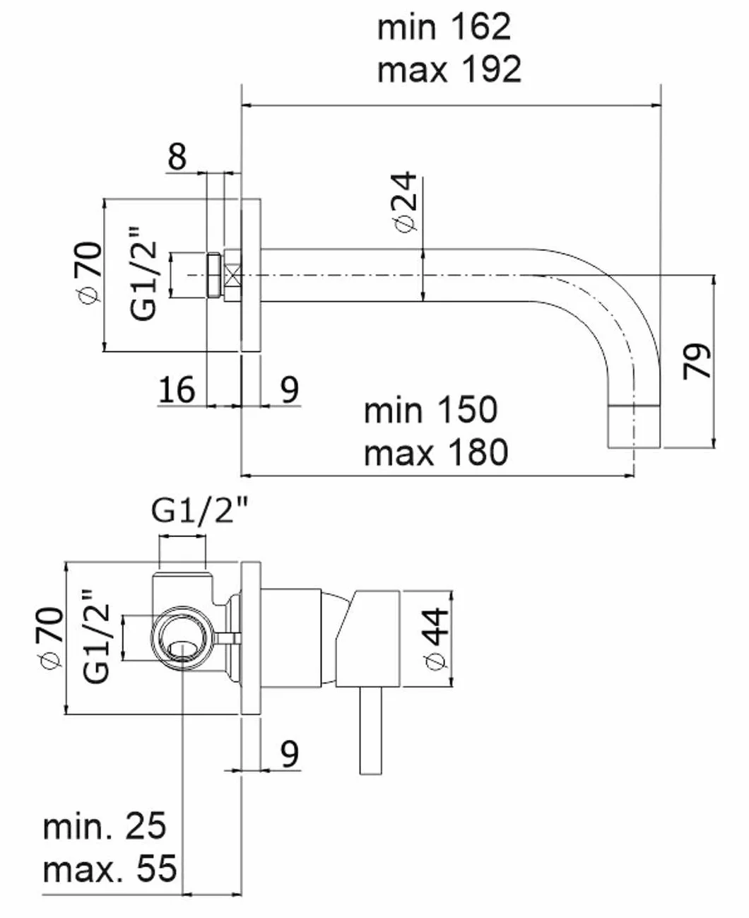 SK006CR70 Podtynkowy bateria umywalkowa z aeratorem l.175 m STICK PAFFONI