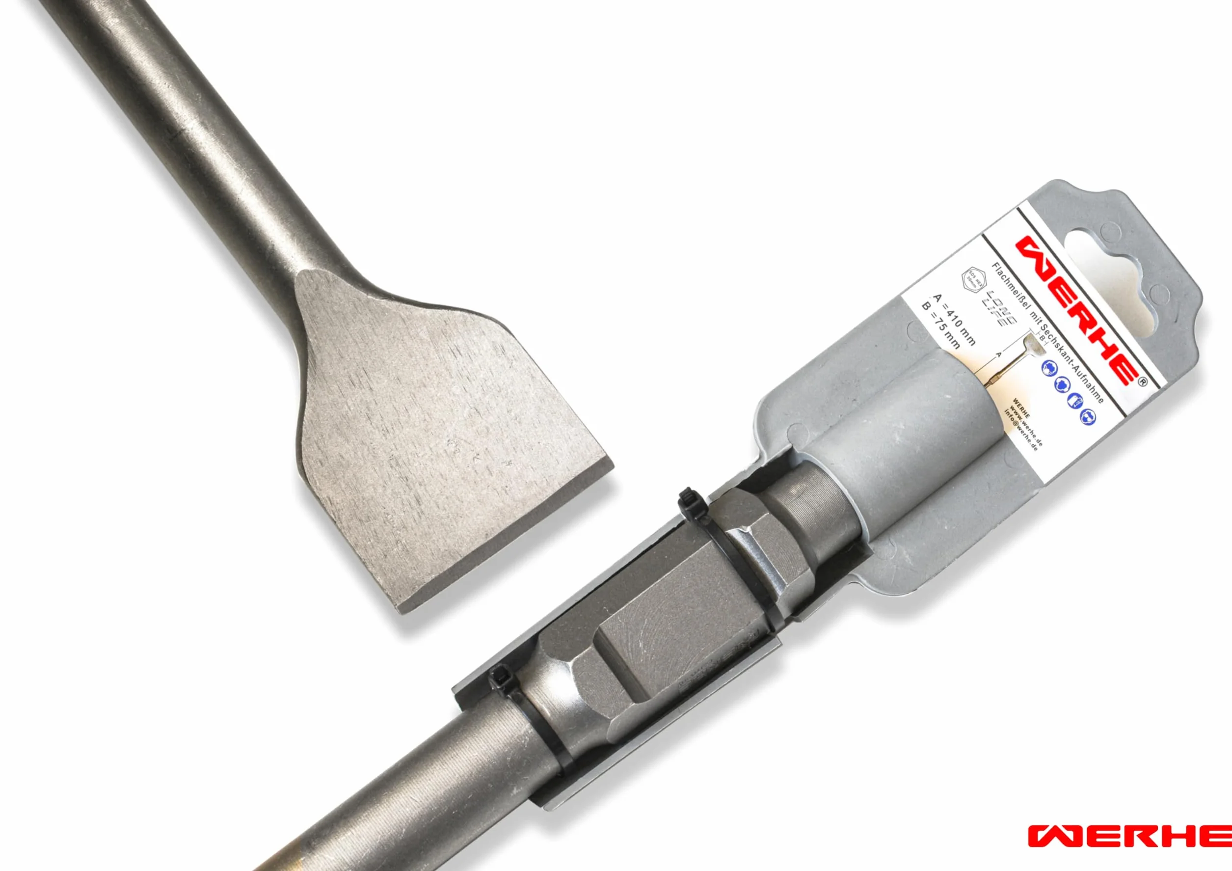WERHE® Professional SDS HEX Spade Sisel 75 x 410 mm – Dłuto płaskie do młotów wyburzeniowych – Wytrzymała stal narzędziowa