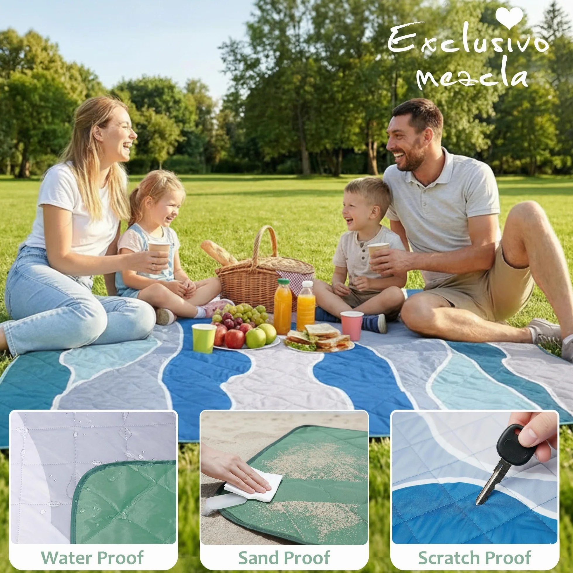 Exclusivo Mezcla Przenośne wodoodporne koce piknikowe 3 warstwy 150 x 200 cm duże koce plażowe składany koc zewnętrzny na kemping mata piknikowa z 4 wiatroszczelnymi palikami
