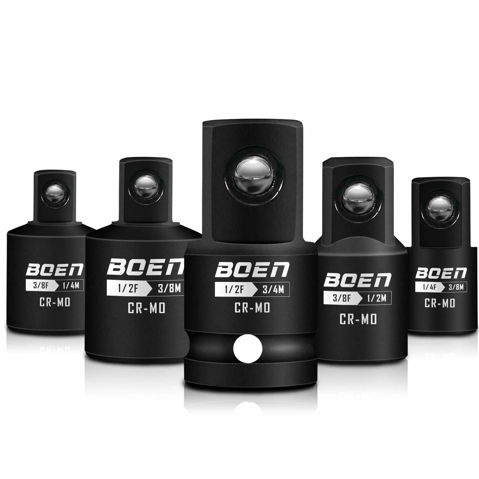 BOEN Zestaw adapterów i reduktorów udarowych 5 szt., standard SAE, napędy 1/4", 3/8", 1/2", zestaw adapterów nasadek ze stali CR-MO do wkrętarek i kluczy udarowych