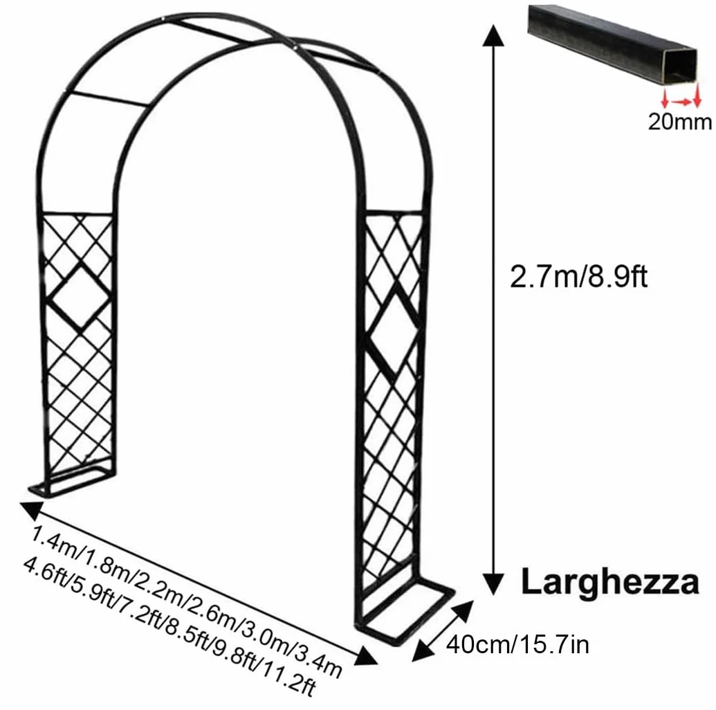 Metalowy łuk ogrodowy, metalowy łuk ogrodowy z kratką, solidna pergola o dużej wytrzymałości 270 cm, łuk różany z przejściem, szeroki 1,4 m, 1,8 m, 2,2 m, 2,6 m, 3 m, 3,4 m, łuki wsporcze z podstawą