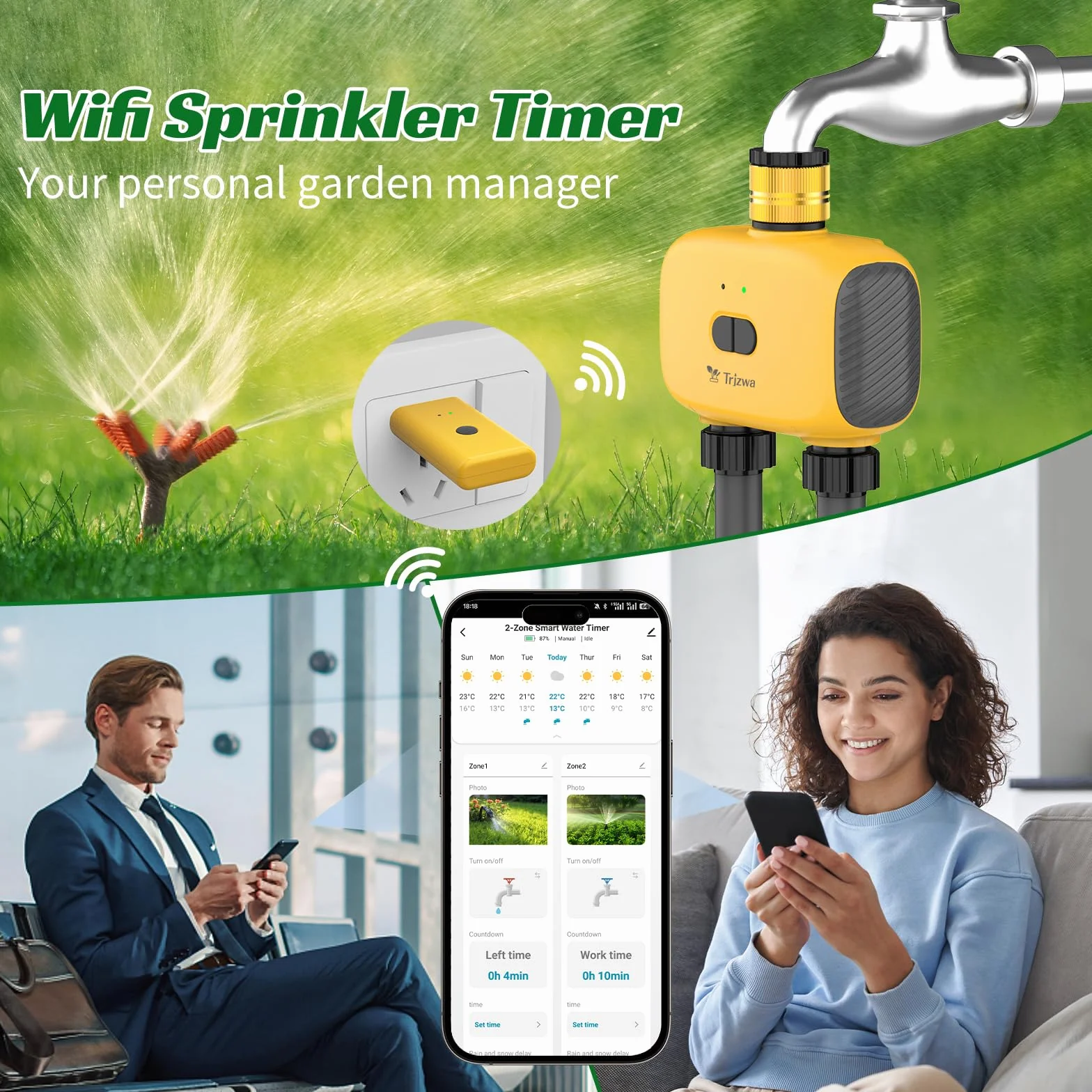 Dwuportowy czasomierz nawadniania WiFi, 2025 Najnowszy czasomierz nawadniania w ogrodzie, zdalnie sterowany automatyczny system nawadniania WiFi kompatybilny z Alexa i Google Home