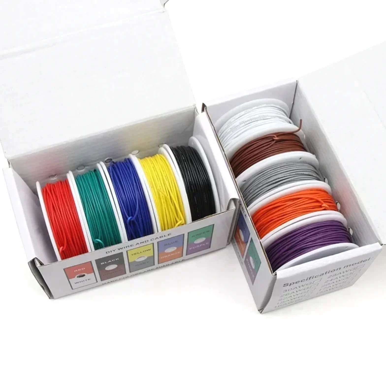 Zestaw 5 mieszanych kolorów UL1007 izolowane kable miedziane PCW 30/28/26/24/22/20/18/16 AWG PCB (Boxed 2; 2 boxes; 28AWG 20 m x 5 rolek)