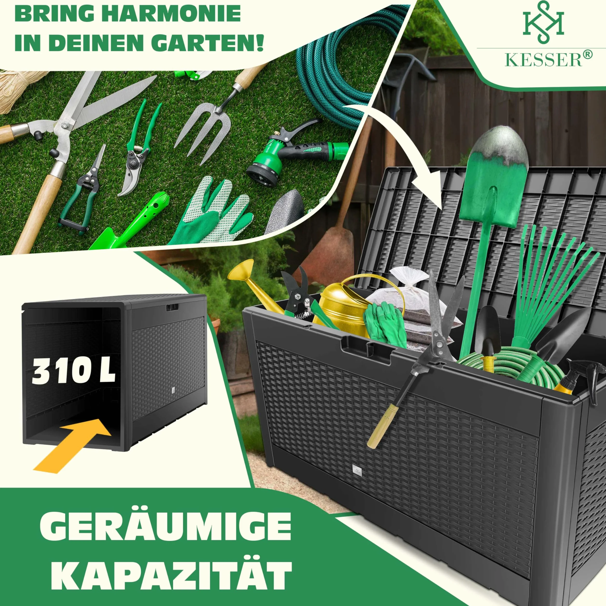 KESSER Skrzynia na poduszki, system zatrzaskowy, z kółkami i uchwytami, pokrywka z automatycznym podnoszeniem, zamykana, do 290 kg, skrzynia ogrodowa, wodoodporna, uniwersalna skrzynka na poduszki
