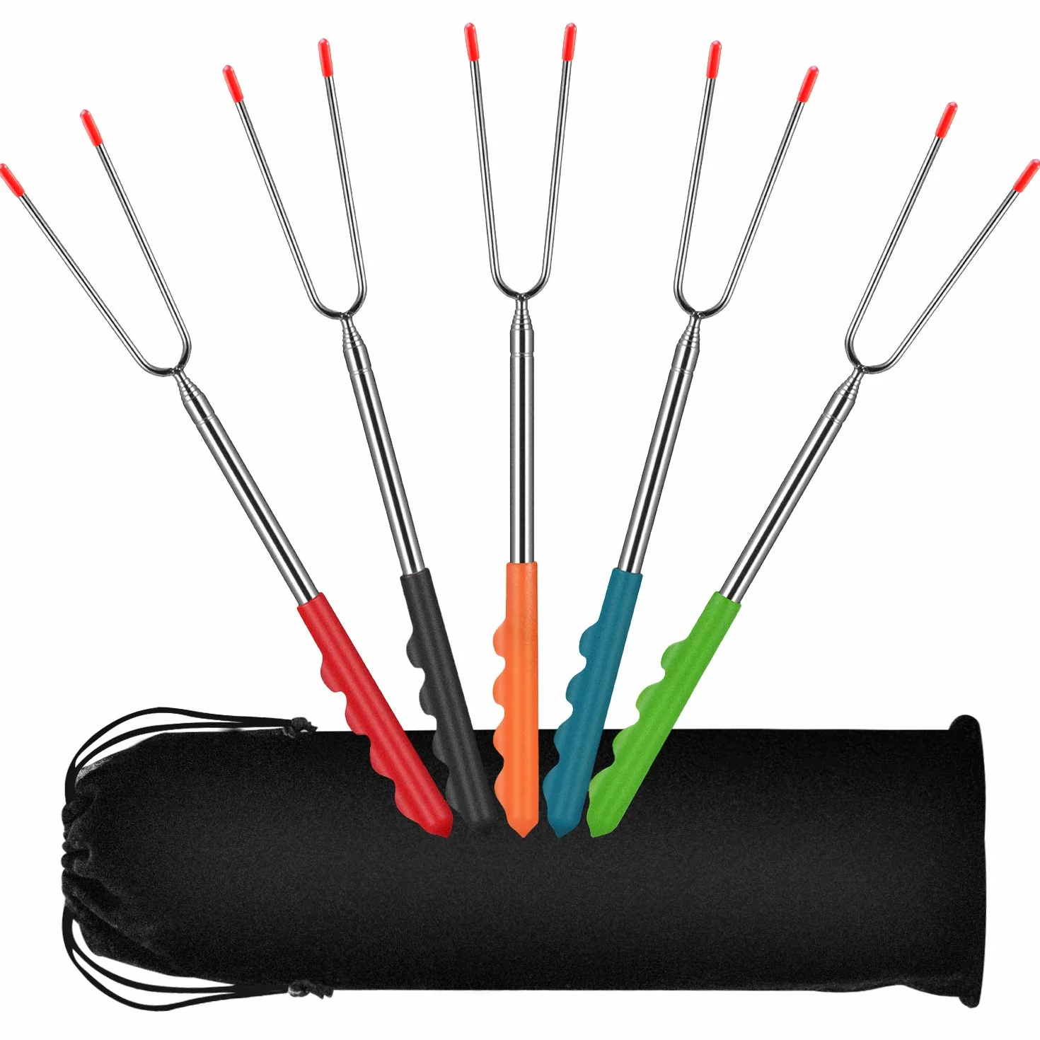 5 sztuk rożen do grilla, rozsuwany 32 cm-115 cm, rożen do grilla, ognisko ze stali nierdzewnej, widelec do grilla, zestaw z gumowym uchwytem i torbą do przenoszenia, do barbecue, na kemping, marshmallow, ognisko
