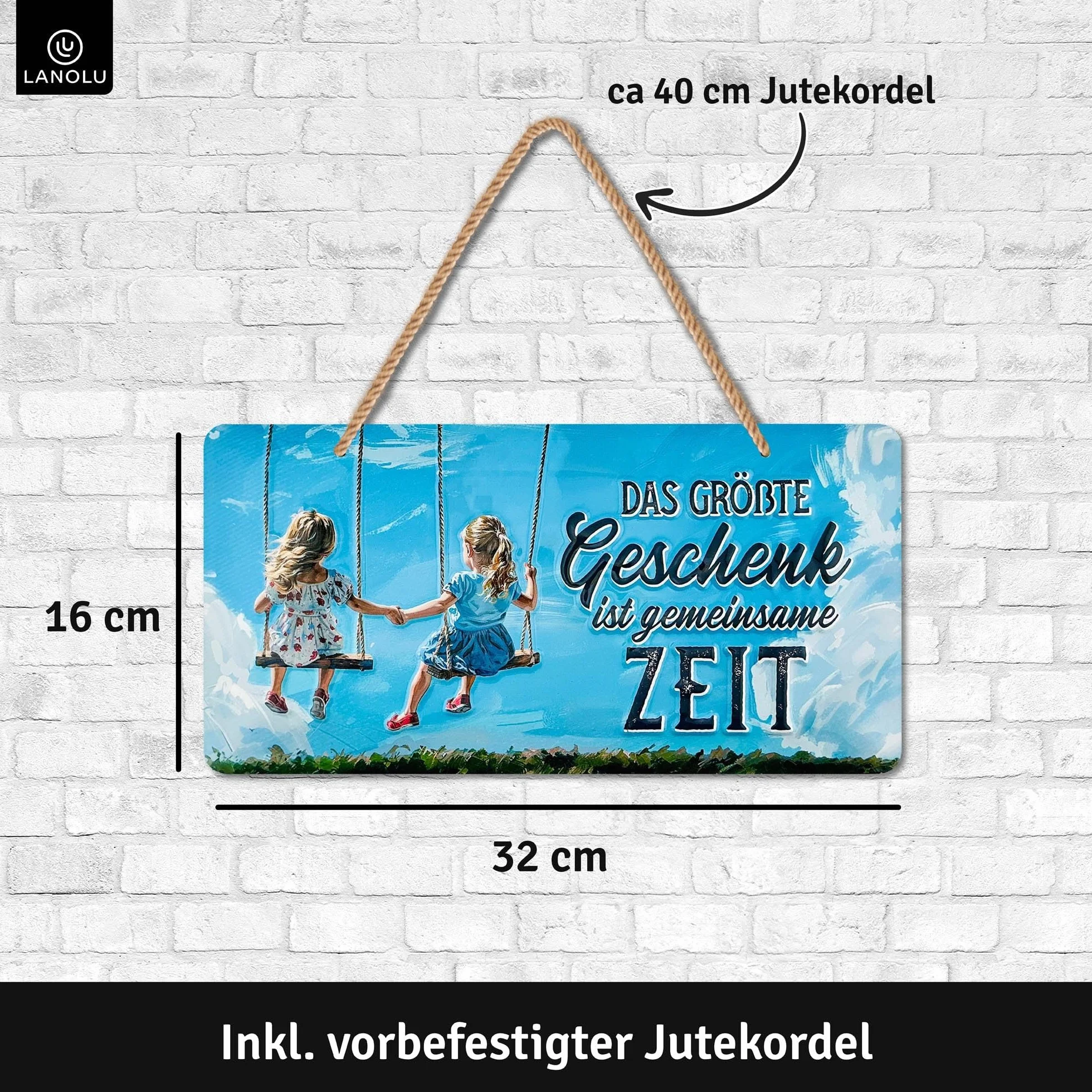 LANOLU Tabliczki blaszane w stylu retro, NAJWIĘKSZY PREZENT JEST WSPÓLNY CZAS, vintage, metalowe tabliczki z sentencjami jako dekoracja ścienna do kuchni i ogrodu - Shabby Chic dekoracja ze sznurkiem