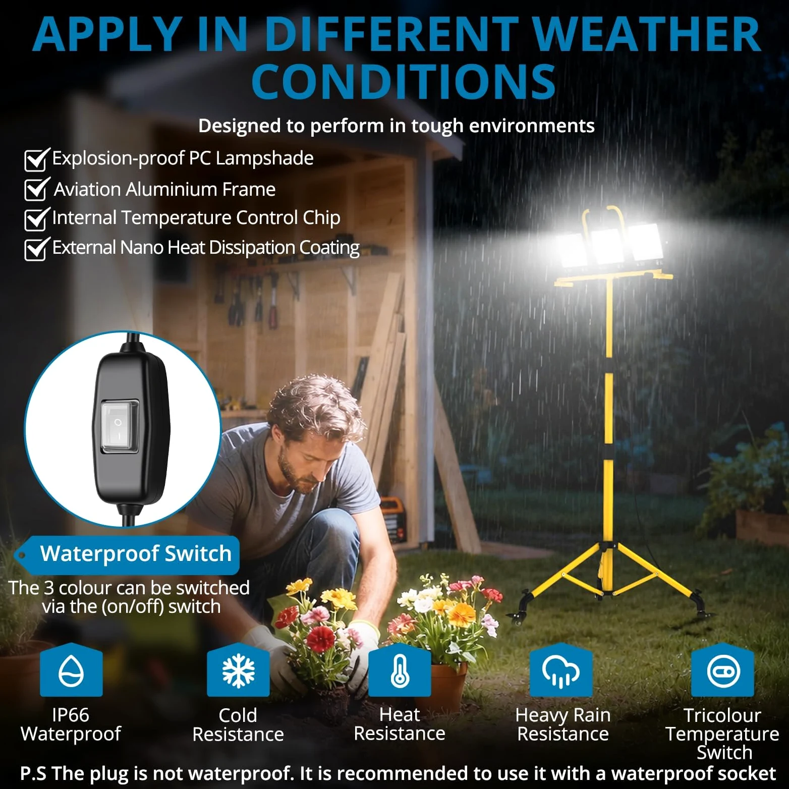 AUTOUTLET Reflektor budowlany LED ze statywem i kółkami, 300 W, 27000 lm, 3 temperatury barwowe, statyw z regulacją wysokości, kabel 5 m, wodoszczelność IP66, zdejmowana lampa budowlana do garażu, na