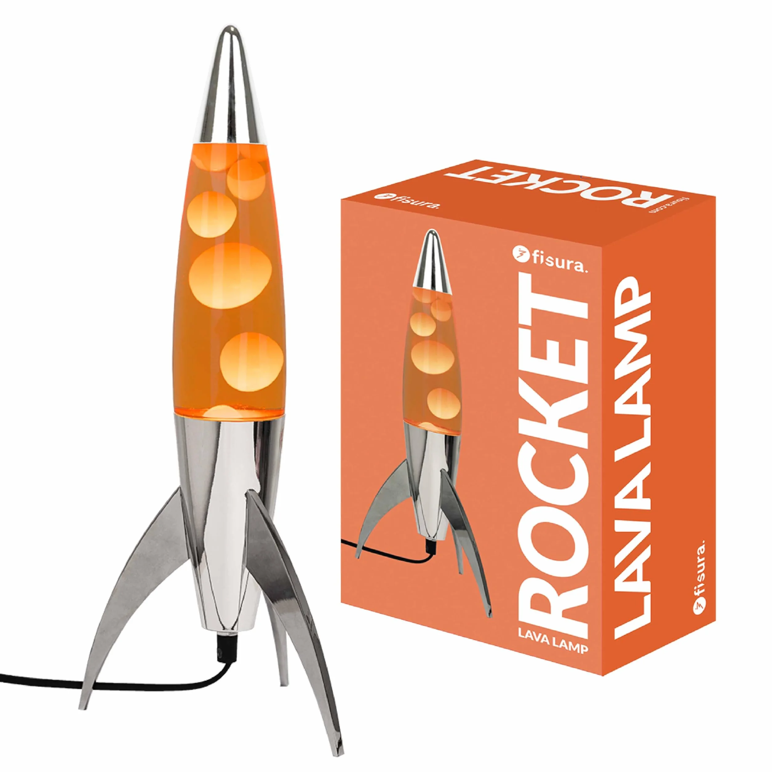 Fisura - Pomarańczowa lampa lawa "rocket”. Chromowana podstawa, pomarańczowy płyn i pomarańczowa lawa. Retro lampa magma z zapasową żarówką. 20 cm x 20 cm x 45 cm.