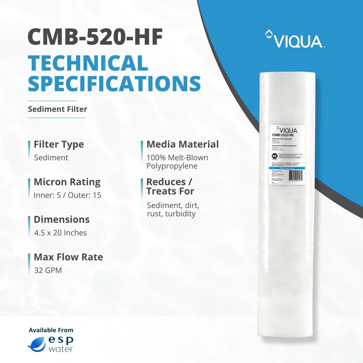 Viqua CMB-520-HF polipropylenowy filtr do wody osadowej do systemów UV IHS22-D4, IHS22-E4 i VH410-F20 20
