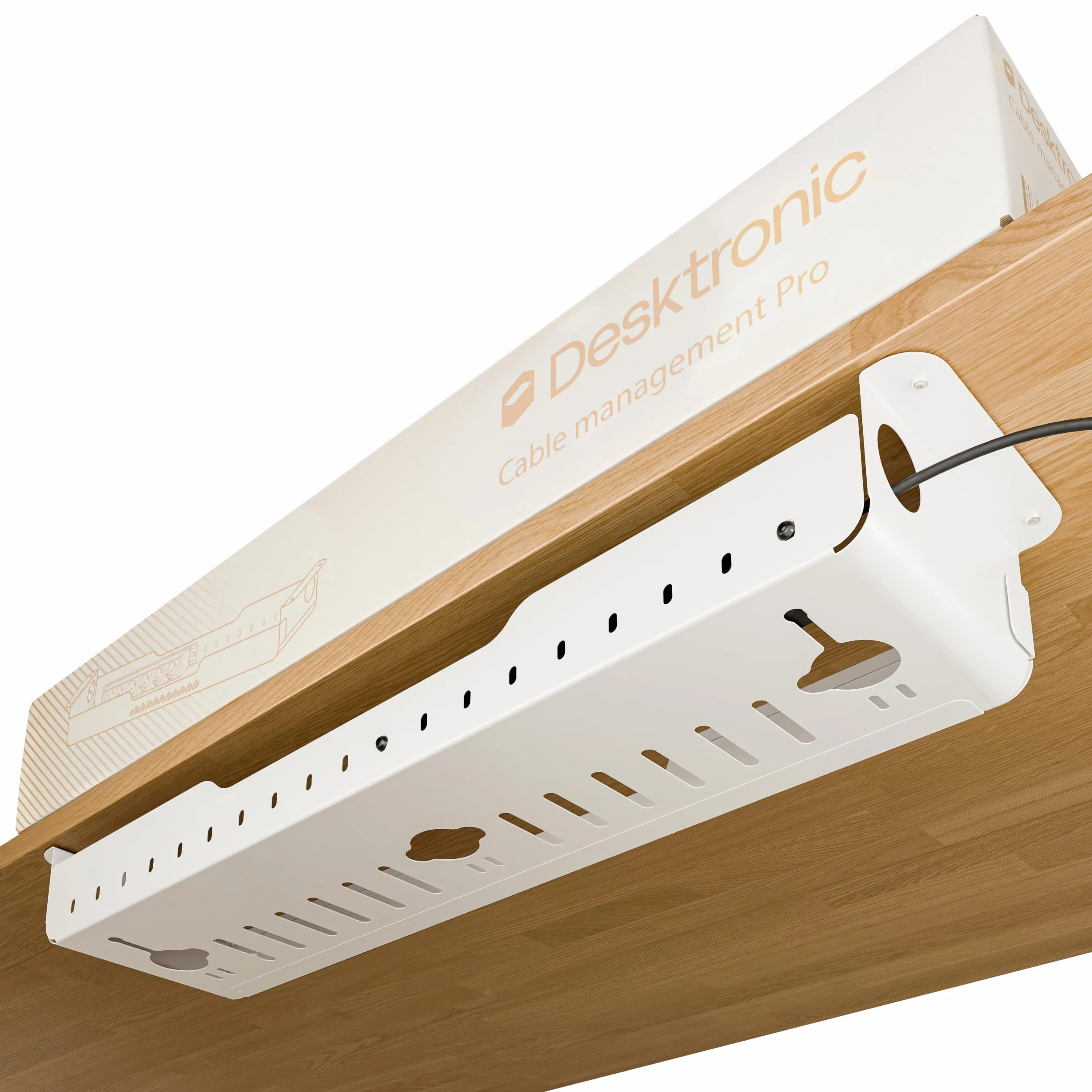 Cable Management Pro – Organizer kabli pod biurko z wbudowaną listwą zasilającą, stalowa tacka na kable z magnetyczną osłoną, wentylowana konstrukcja, łatwy montaż