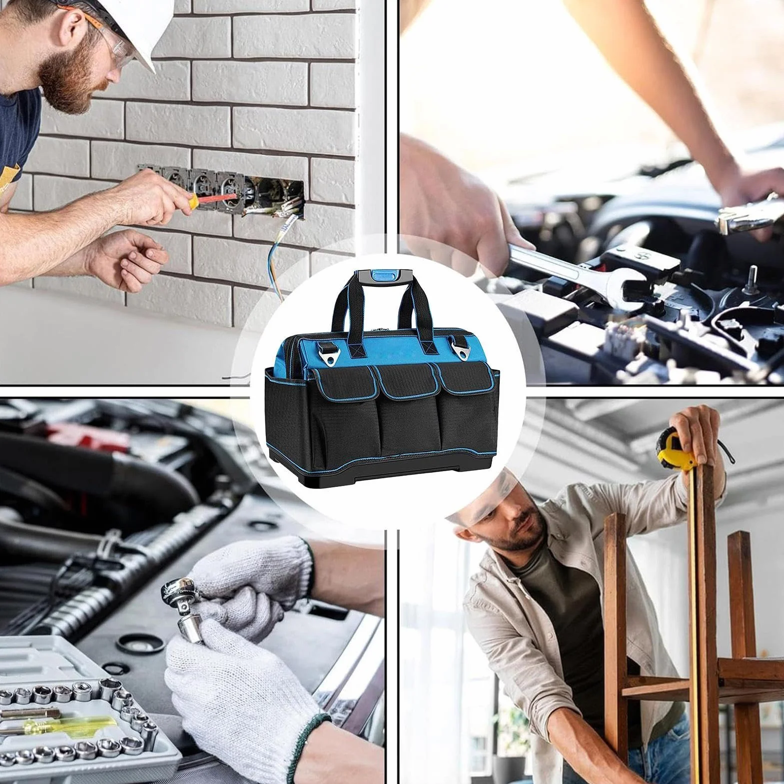 Torba Do Elektronarzędzi Męski Wielokieszeniowy Z Ergonomicznym Uchwytem | Torba Narzędziowa Typu Tote Ze Sztywnym Dnem Do Budowy Dom Garaż Warsztat Dla Taty Elektryka Mechanika Stolarza