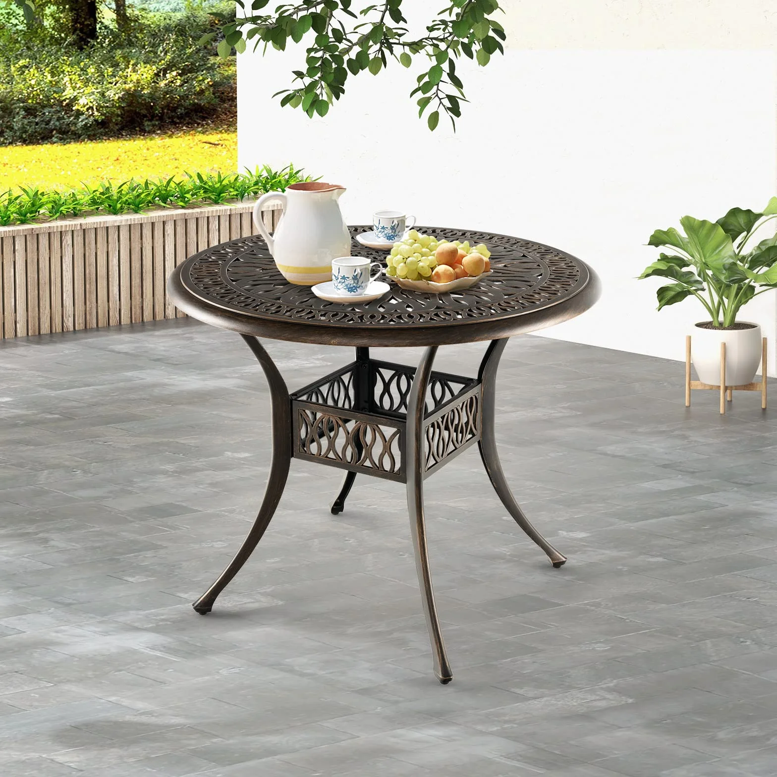 COSTWAY Stół ogrodowy z otworem na parasol, Ø 90 cm, okrągły stół balkonowy z odlewu aluminiowego, odporny na warunki atmosferyczne, stół tarasowy do ogrodu, antyczny wygląd, 90 x 90 x 74 cm