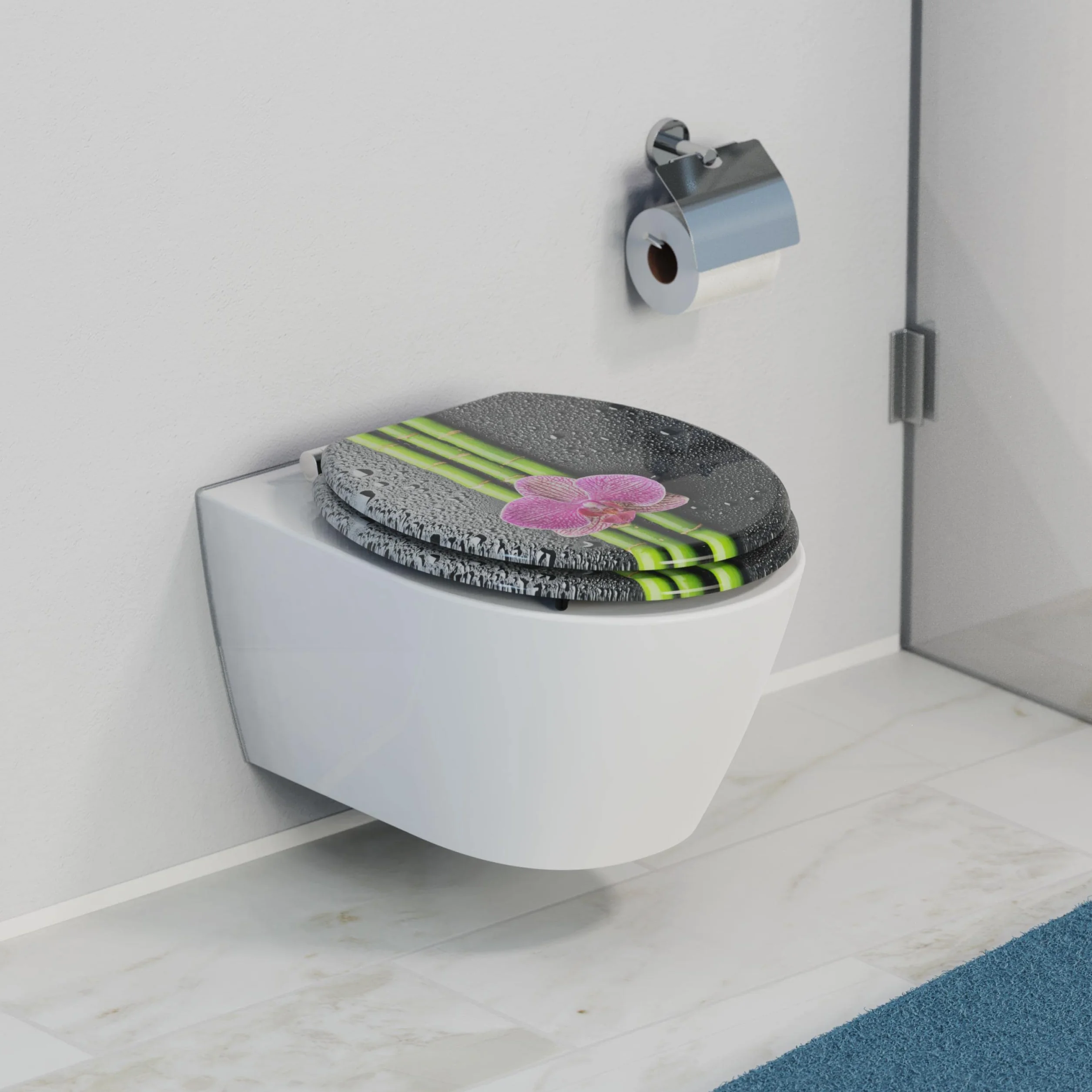 SCHÜTTE deska sedesowa drewniana ASIA, deska sedesowa z mechanizmem cichego domykania, pasuje do wielu standardowych misek WC, maks. obciążenie deski 150 kg, motyw orchidei 80121