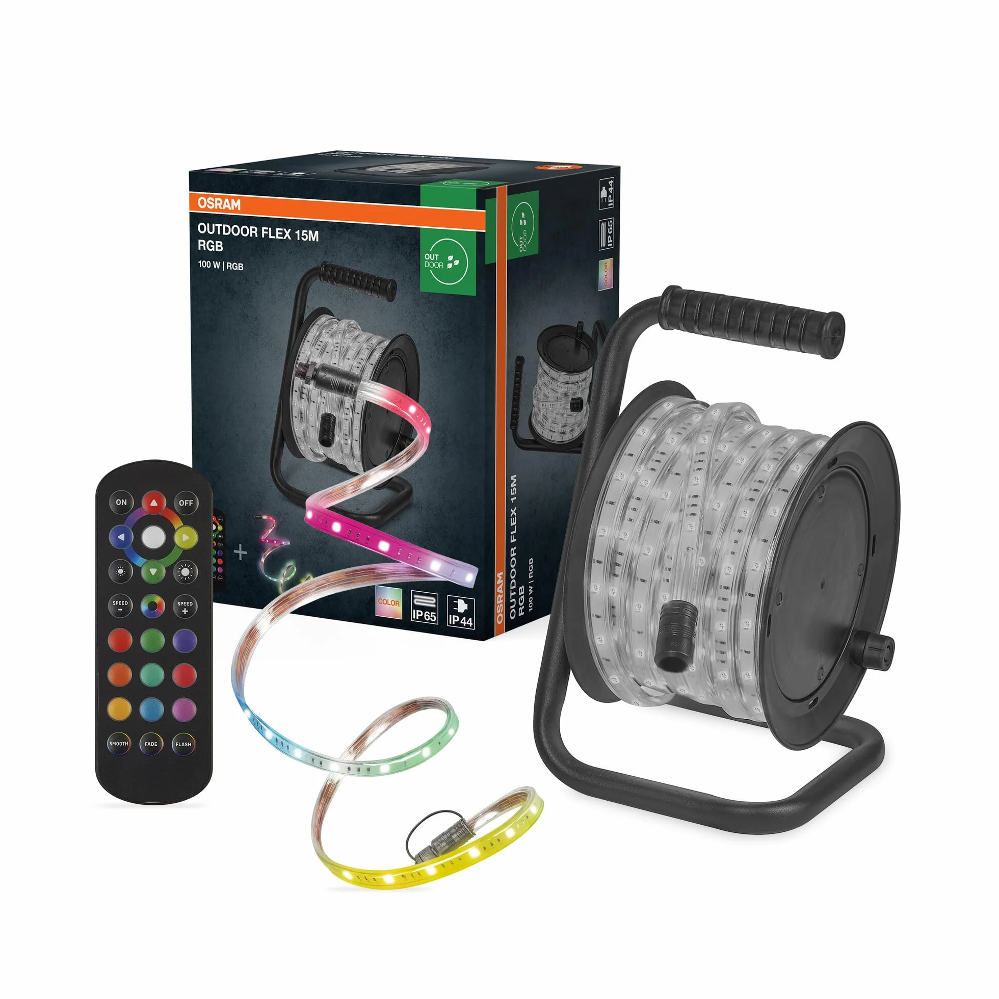 OSRAM Taśma LED Outdoor Flex RGB 15M IP65, w tym pilot zdalnego sterowania, możliwość przedłużenia do 50 m, z bębnem kablowym, kablem połączeniowym, akcesoriami