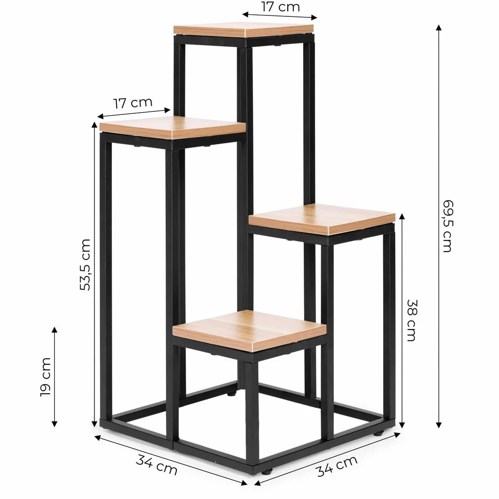 POKKA Kwietnik Stojący Metalowy, Stal Malowana Proszkowo z MDF, Czarny/Dąb, 4-Poziomowy, 69,5 x 34 x 34 cm, Obciążenie 15 kg na Półkę