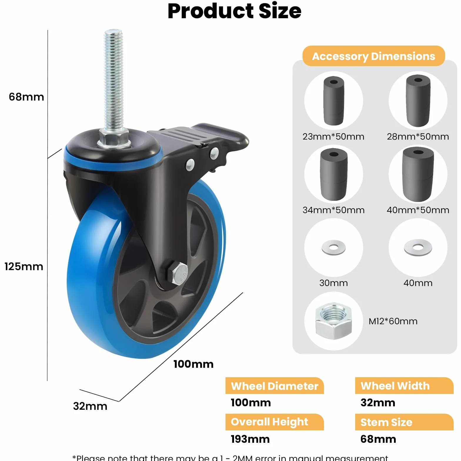 Zestaw kółek obrotowych, 100 mm, kółka do dużych obciążeń z mechanizmem blokującym, 4 sztuki, z adapterem rozszerzającym 23-40 mm
