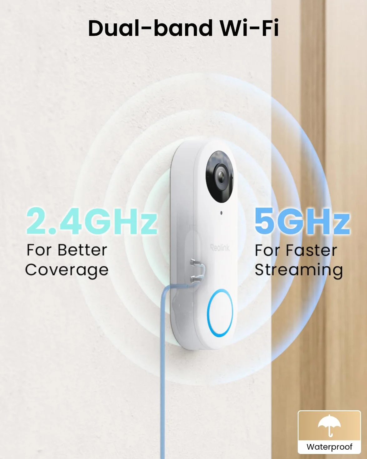 Dzwonek wideo Reolink 5MP z kamerą Wi-Fi i dzwonkiem, widok 3:4 od stóp do głów, widok 180°, Wi-Fi 5/2,4 GHz, dźwięk dwukierunkowy, wykrywanie osób/paczek, inteligentne alerty (przewodowe)