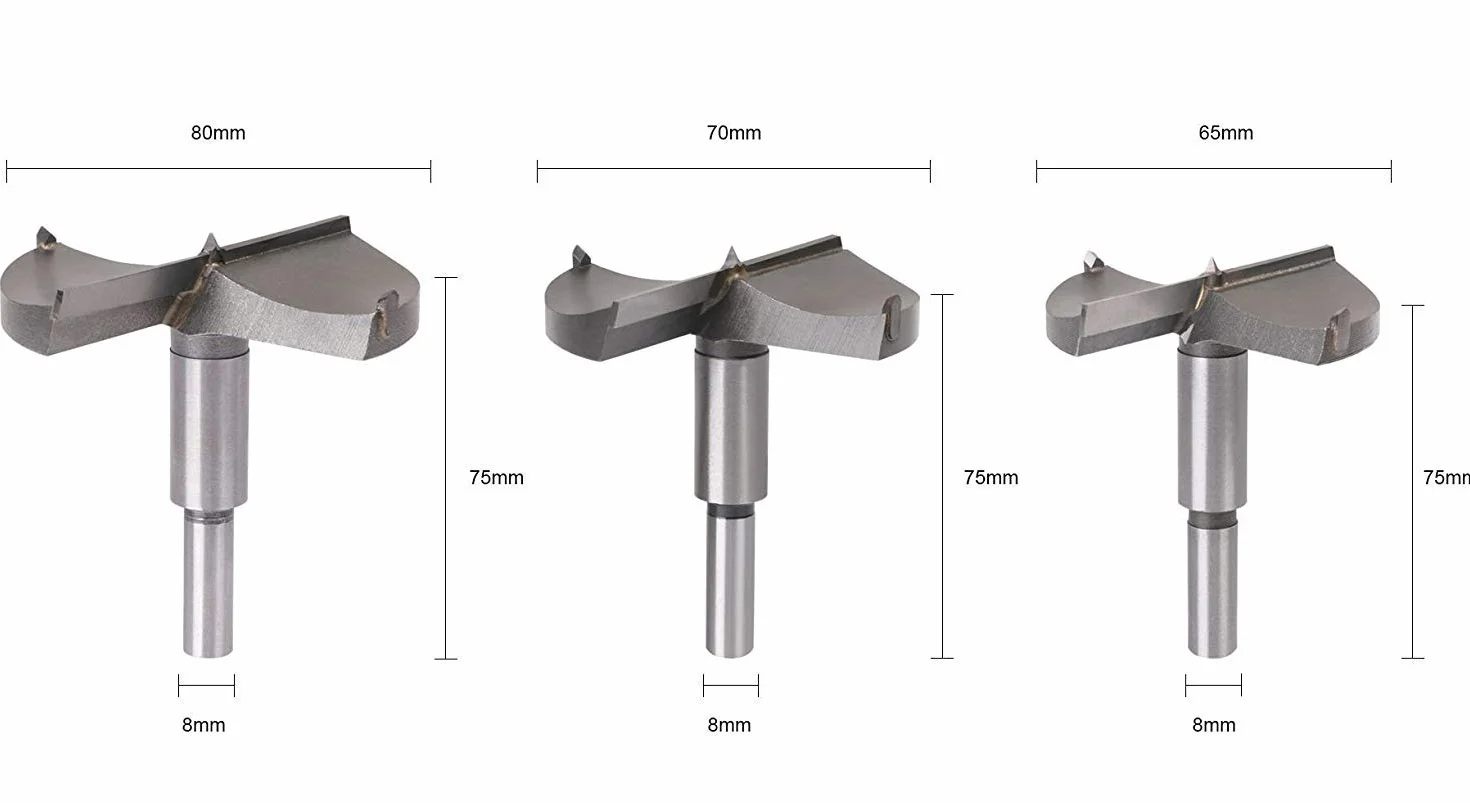 flintronic® Wiertło Forstnera, wersja w dużym rozmiarze, 3-częściowy zestaw otwornic 65, 70, 80 mm, z węglika spiekanego, do obróbki drewna, mebli, otworów na zawiasy w drzwiach