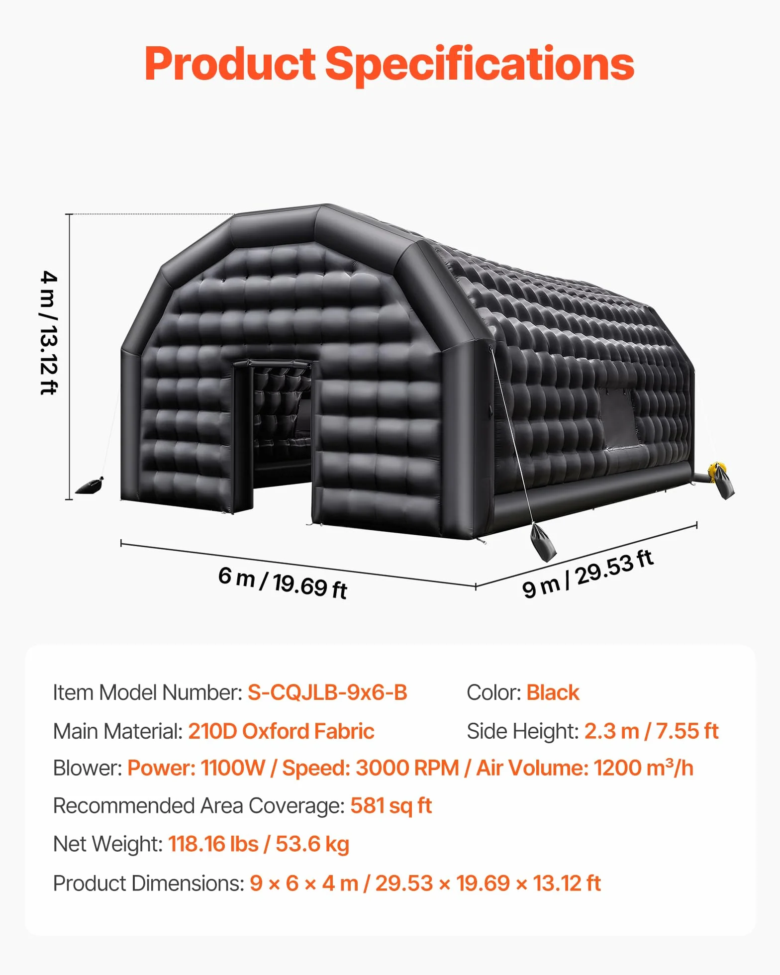VEVOR Nadmuchiwany namiot imprezowy 9 x 6 x 4 m z dmuchawą 1100 W, czarny