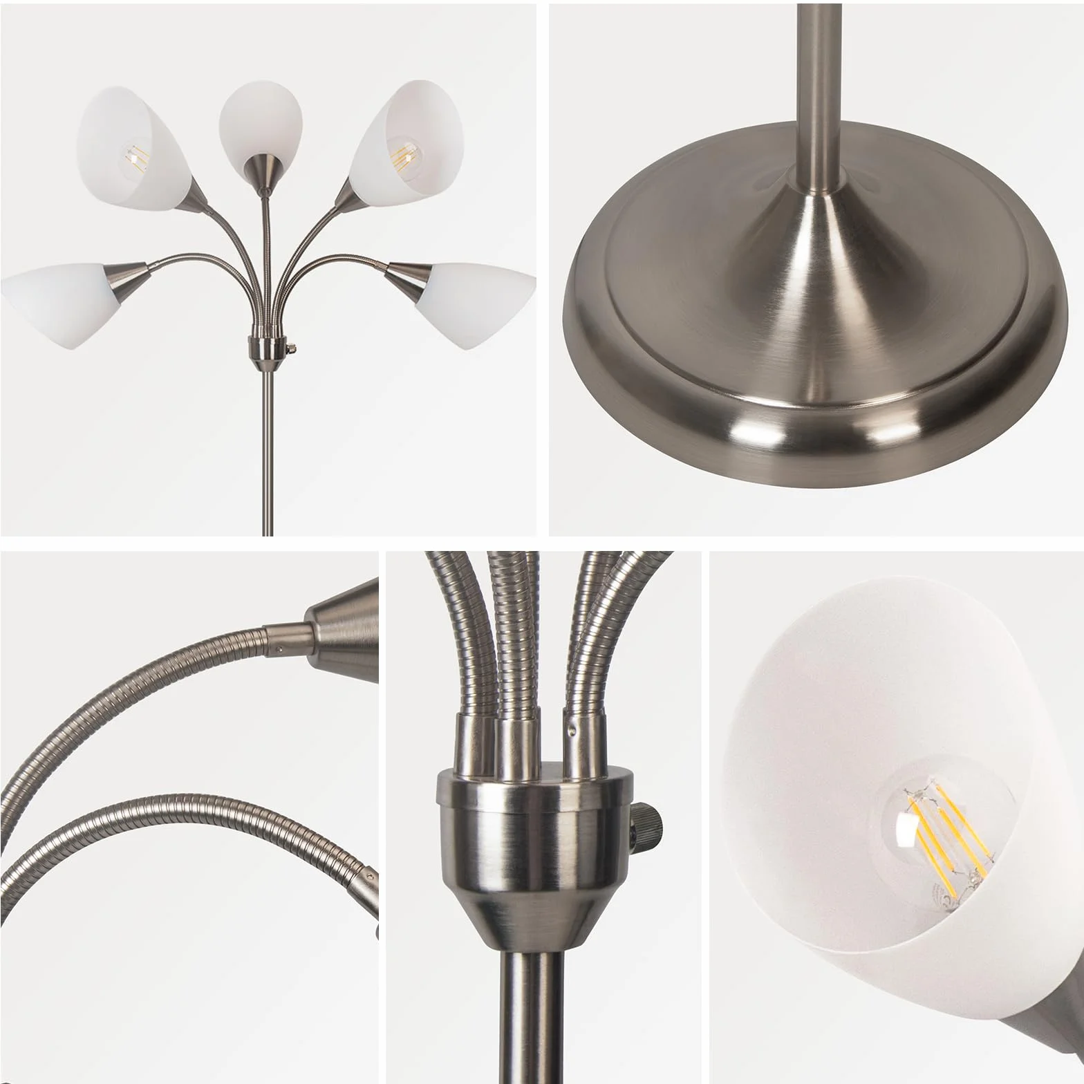 HonoDing Medusa Lampy podłogowe Lampy stojące 5 głowic Regulowane światło do czytania Duży klosz Żarówka E26 A19 Lampy podłogowe do salonu Sypialnia (satyna niklowa)