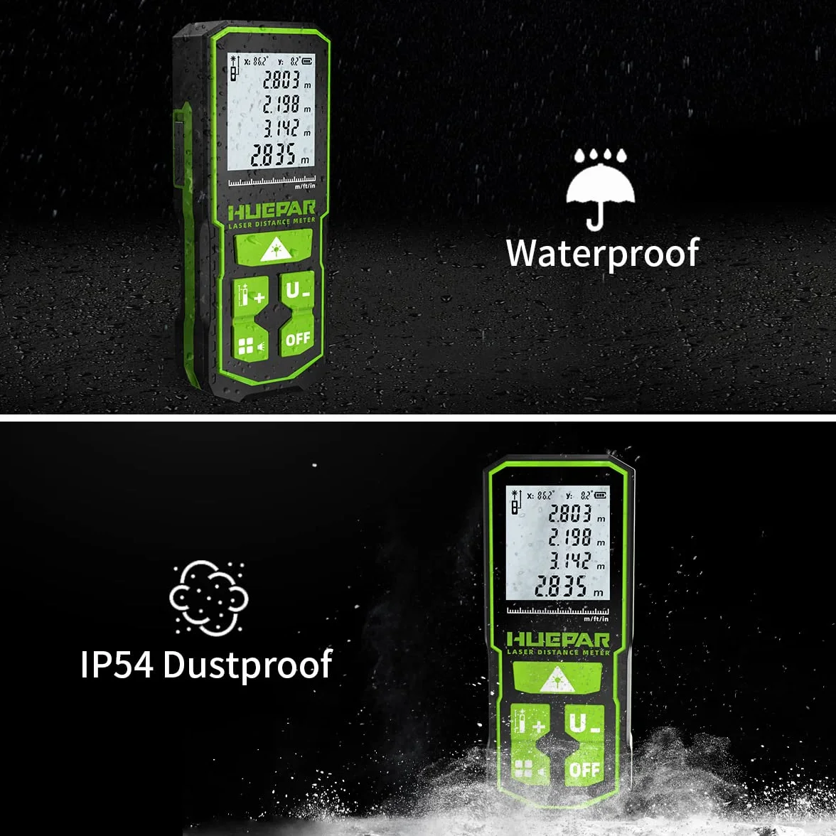 Huepar Laser Distance Measure 393Ft(120M) with Rechargeable Battery & Dual Angle Display, Laser Measure M/In/Ft with Mute Function & Multi-Measurement Modes, Pythagorean, Distance, Area&Volume-S120
