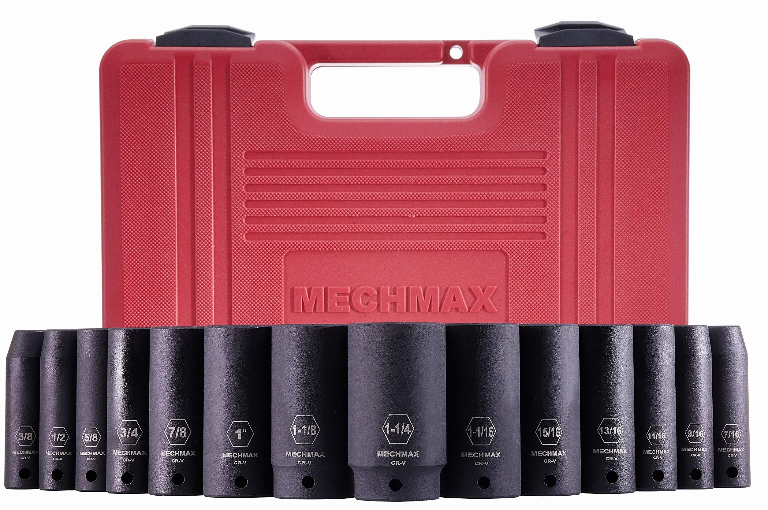 MECHMAX Zestaw nasadek udarowych 1/5.1 cm Napęd głęboki SAE rozmiary 14 sztuk, 3/8 - 1-1/4 w 6 punktach stal chromowo-wanadowa czarne wykończenie fosforanowe z pudełkiem narzędziowym do przechowywania