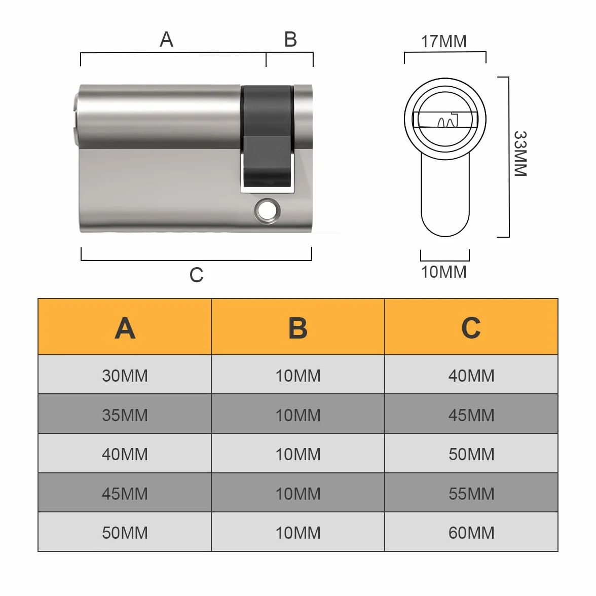 Bwintech 1-częściowa wkładka bębenkowa 10/35 mm nikiel piaskowy, mosiądz euro, zamek bębenkowy 40 mm z 6 poziomymi kluczami mosiężnymi, wykończenie chromowane